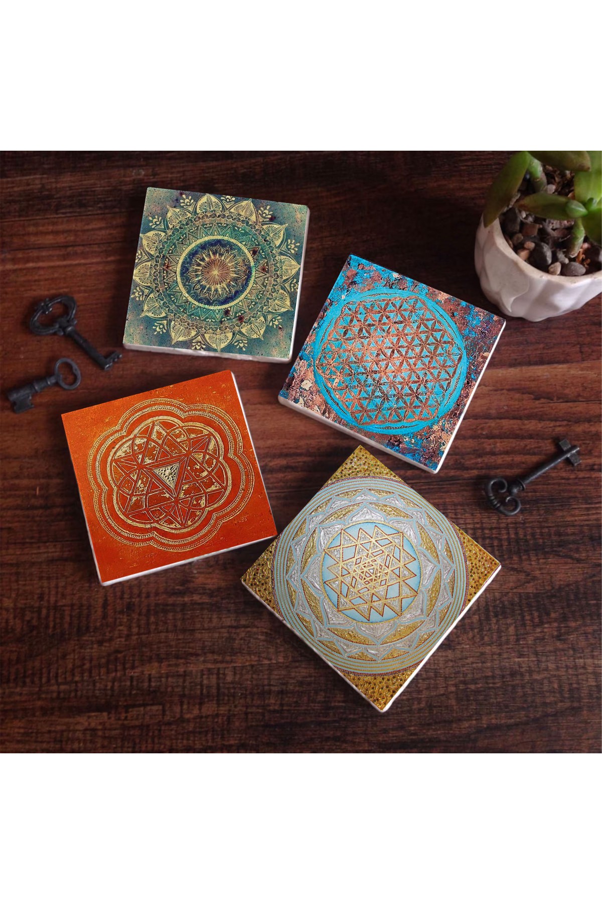 Mandala, Flower of Life, Sri Yantra Stone Coasters Desktop Protective Coasters 4 Piece Set 10x10cm Stone Coasters