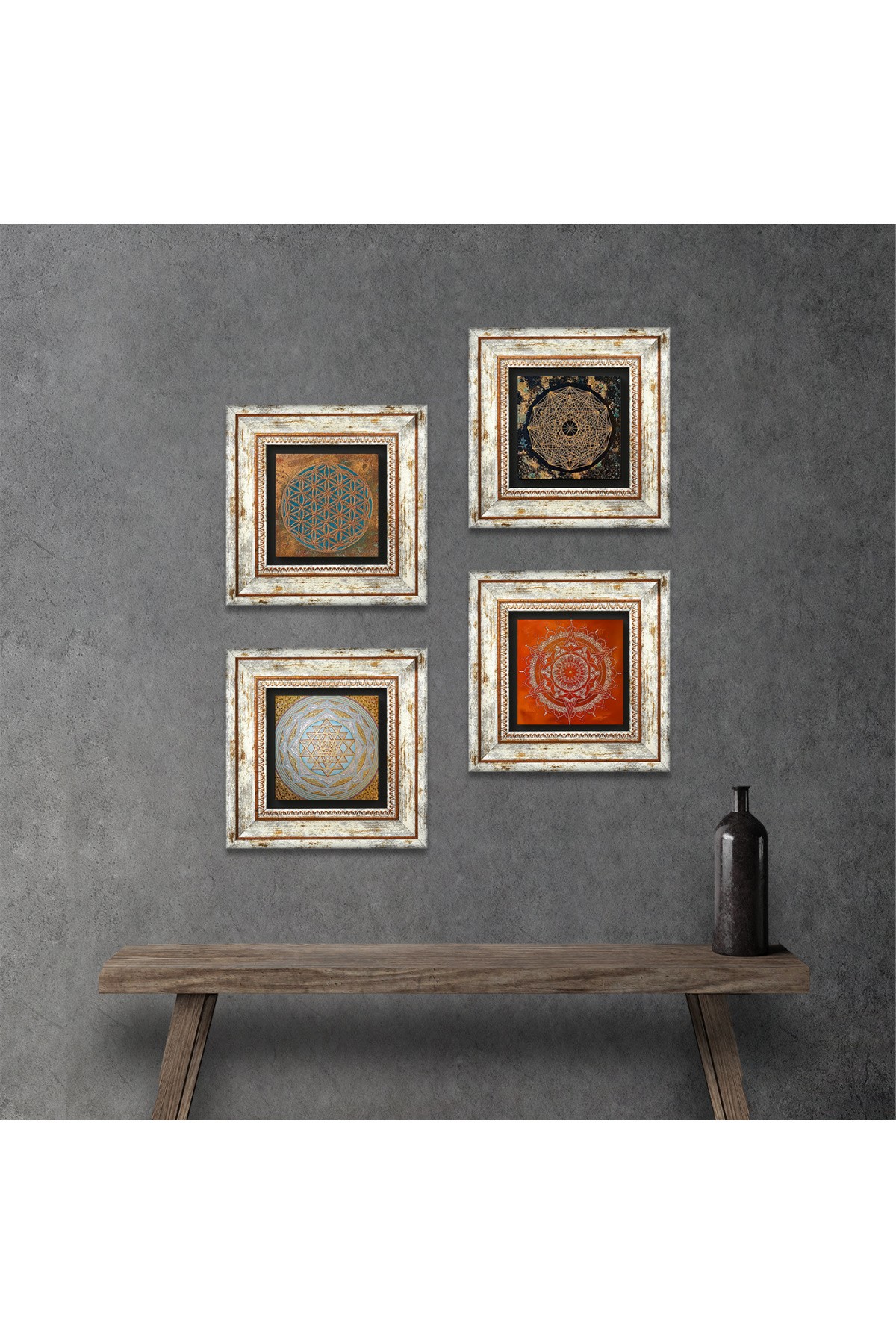 Yaşam Çiçeği, Sri Yantra, Mandala Taş Duvar Tablosu Çerçeveli Duvar Dekoru 4 Parça Tablo Seti Wall Art