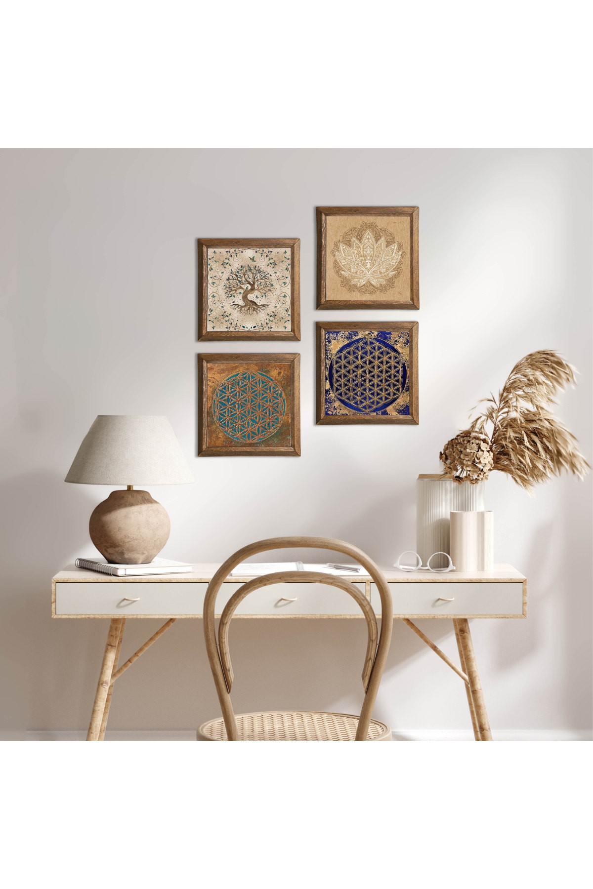 Lotus Çiçeği, Yaşam Çiçeği, Hayat Ağacı Taş Duvar Tablosu Ahşap Çerçeveli Duvar Dekoru 4 Parça Tablo Seti Wall Art