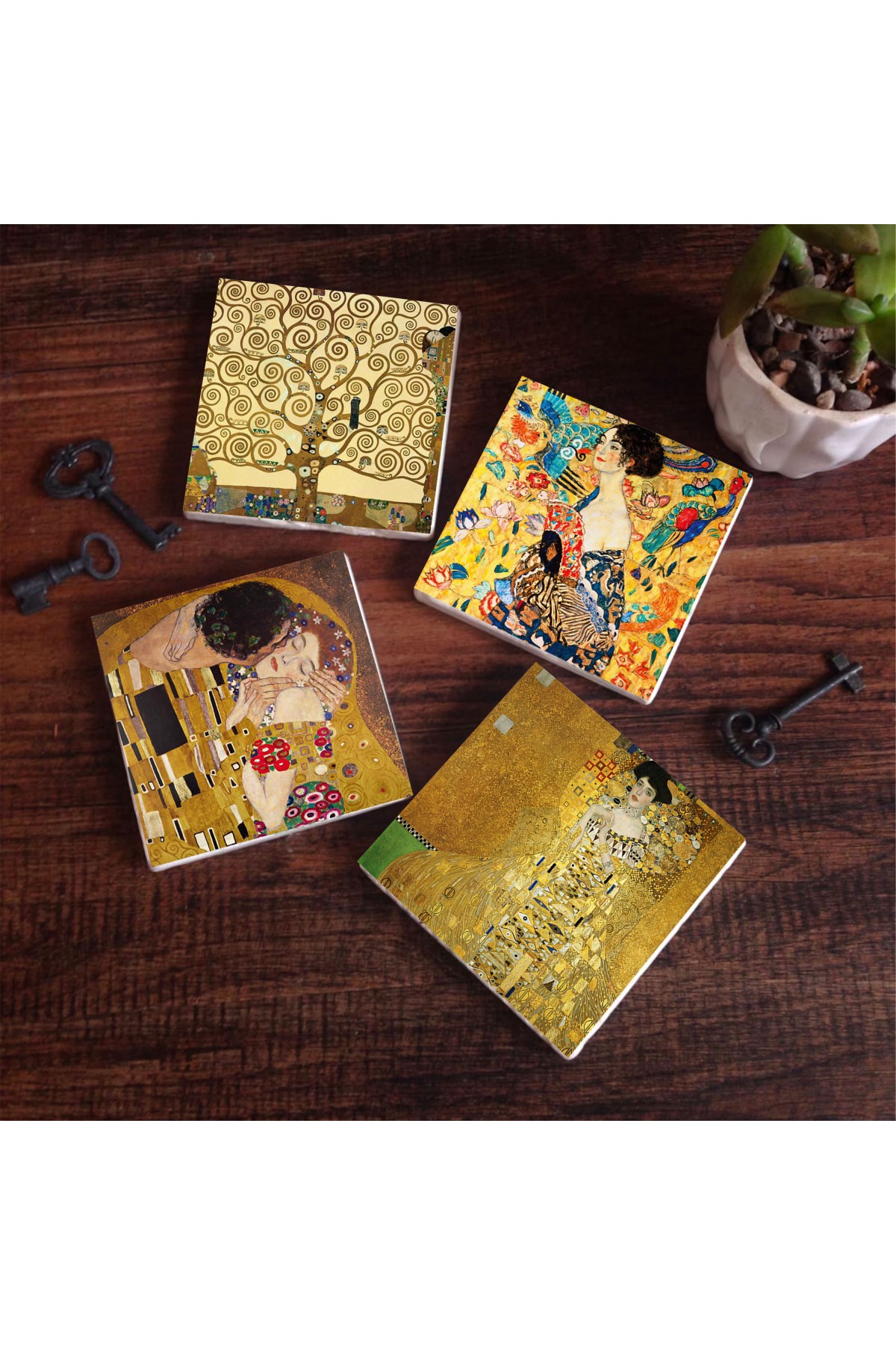 Gustav Klimt Woman with a Fan, Portrait of Adele Bloch-Bauer, Kiss, Tree of Life Stone Coasters Desktop Protective Coaster 4 Piece Set 10x10cm Stone Coasters