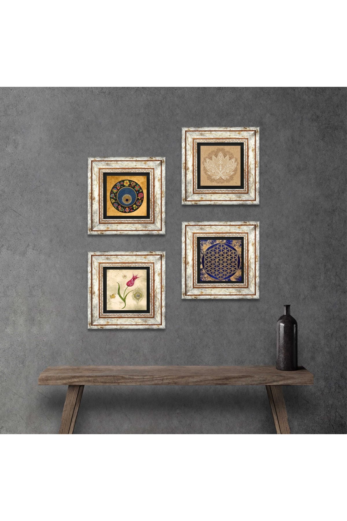 Lotus Çiçeği, Yaşam Çiçeği, Lale, Nazar Taş Duvar Tablosu Çerçeveli Duvar Dekoru 4 Parça Tablo Seti Wall Art