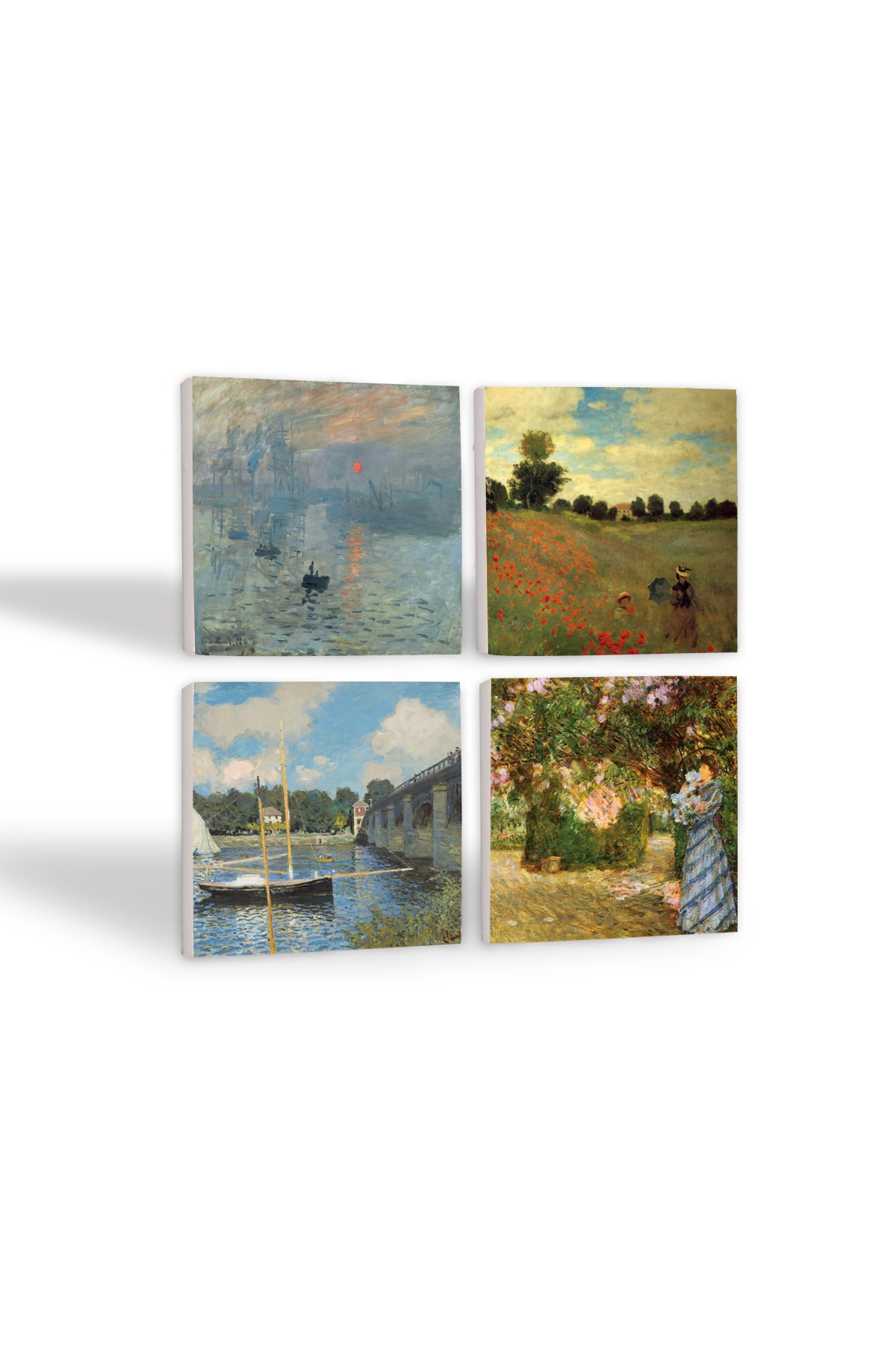 Claude Monet Bahçede, Argenteuil'de Köprü, Gelincikler, İzlenim Gün Doğumu Taş Bardak Altlığı Masaüstü Koruyucu Altlık 4 Parça Set 10x10cm Stone Coasters