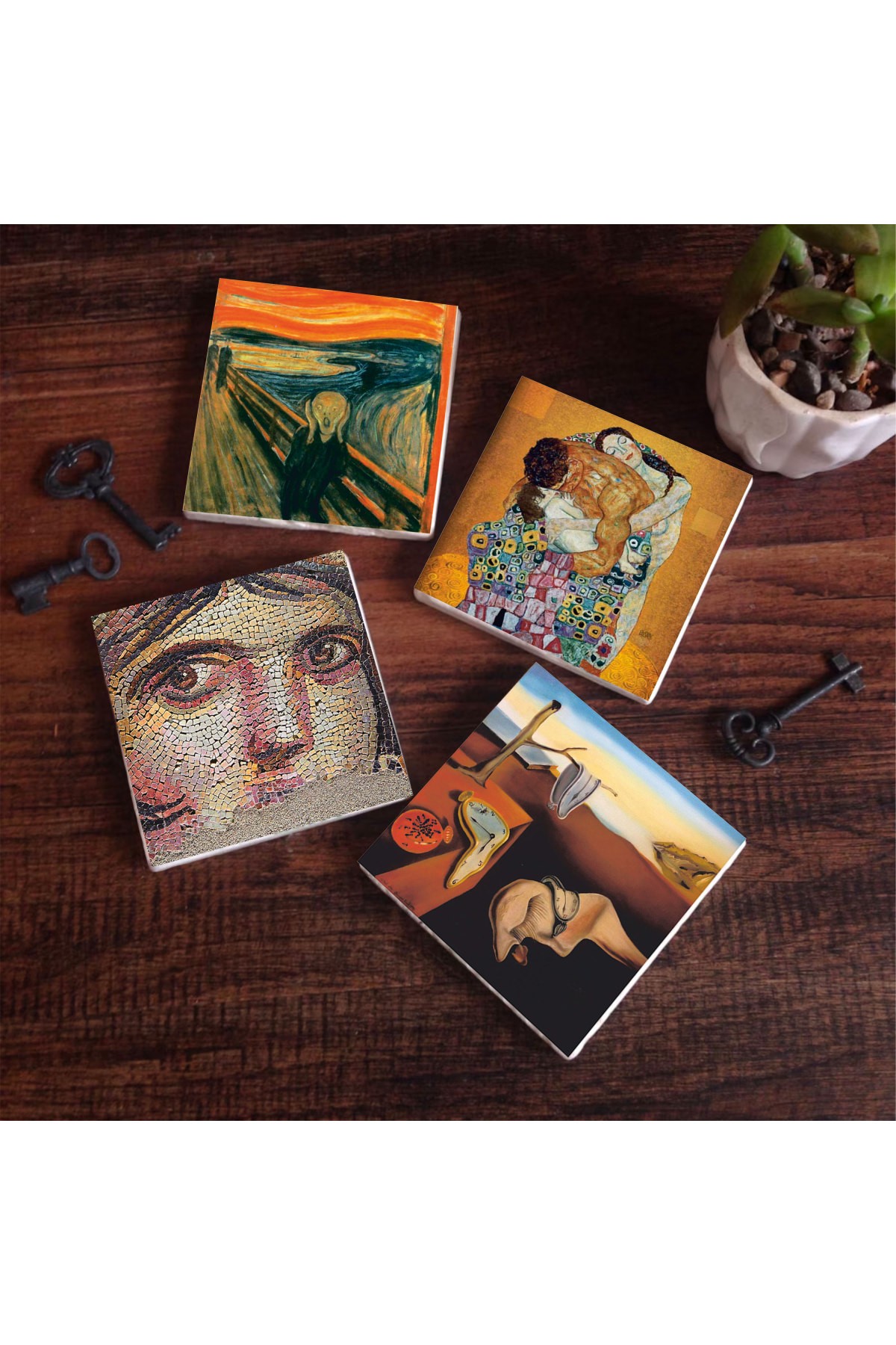 Dalí The Persistence of Memory, The Scream, Gypsy Girl Mosaic, Gustav Klimt Family Embrace Stone Coasters Desktop Protective Coasters 4 Piece Set 10x10cm Stone Coasters