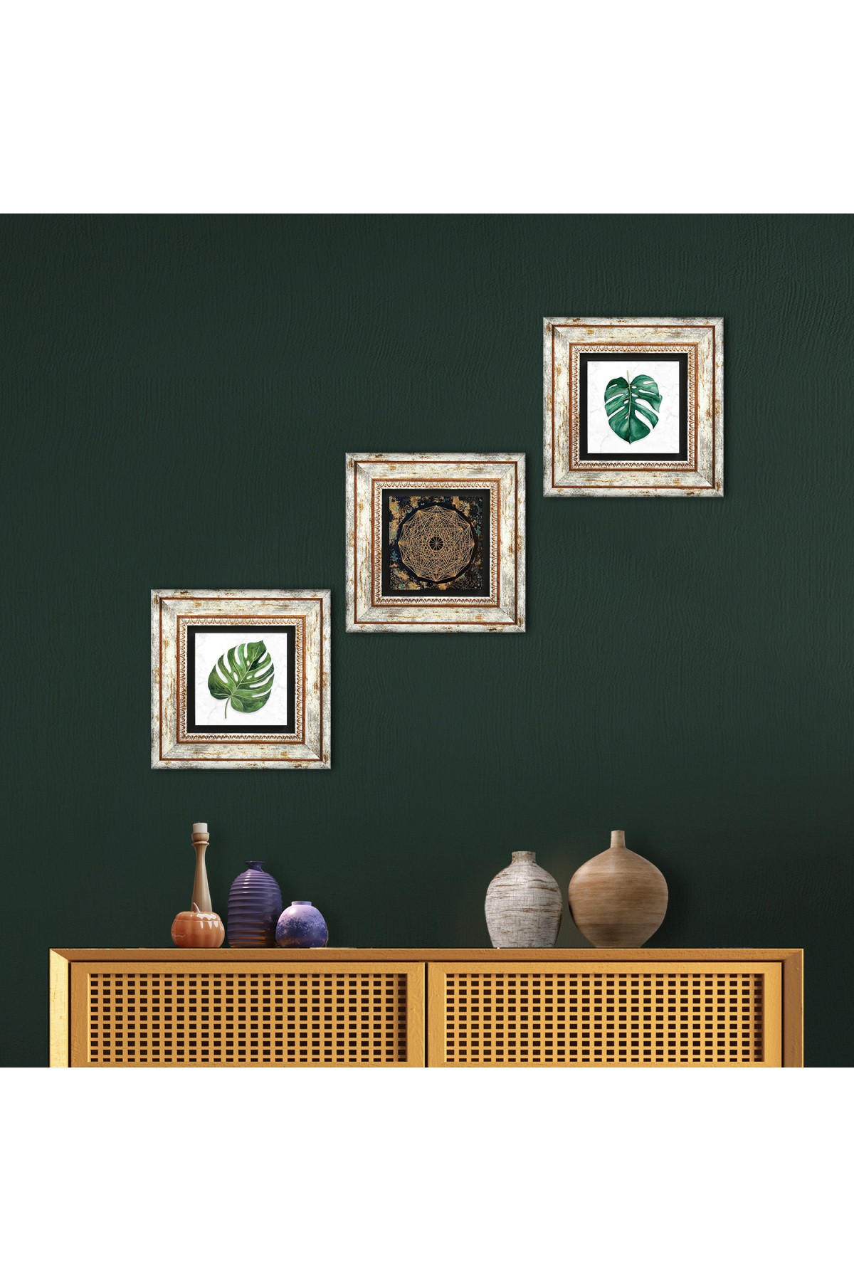 Leaf, Sri Yantra Stone Wall Painting Framed Wall Decor 3 Piece Painting Set Wall Art