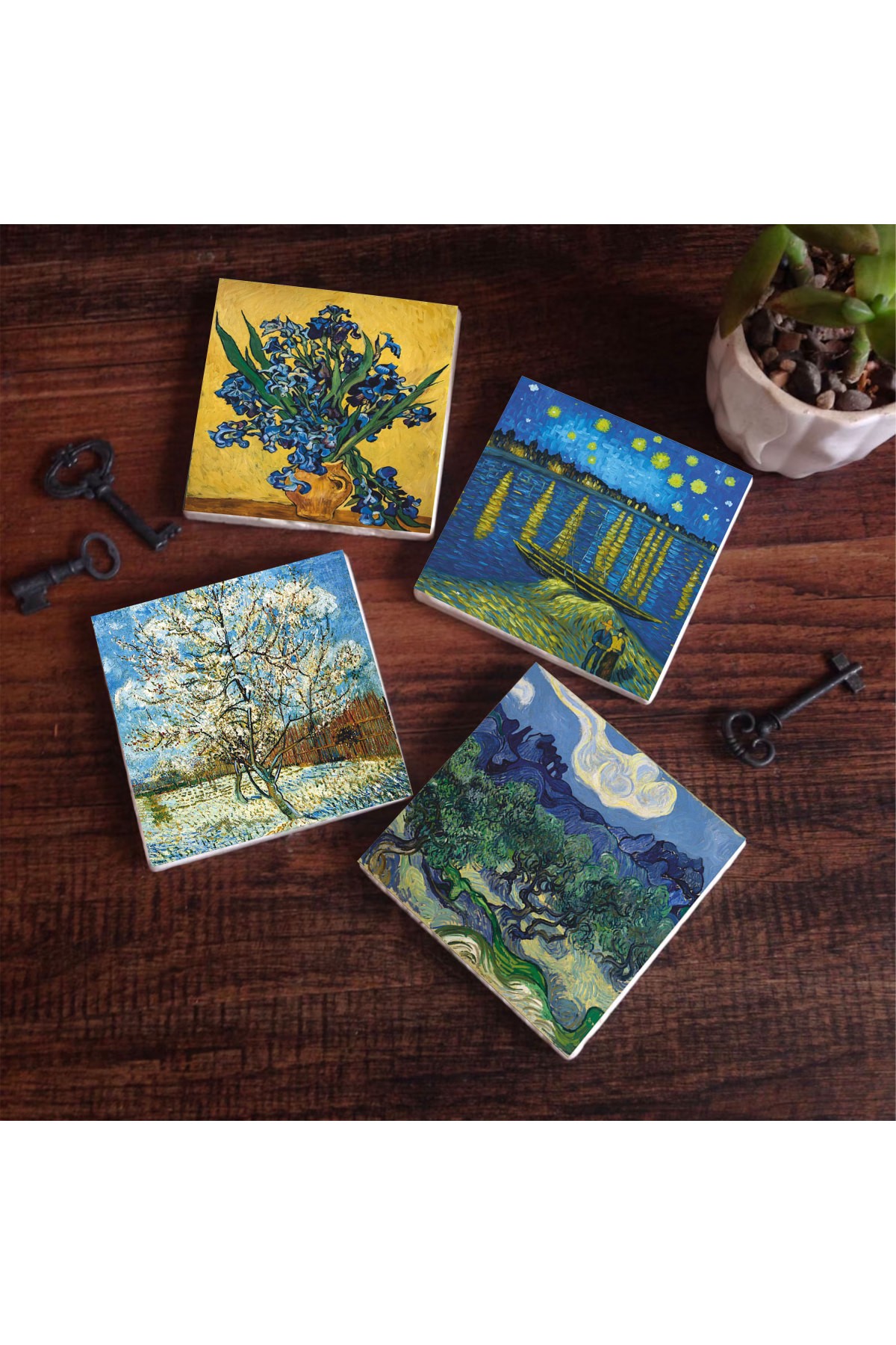 Van Gogh Zeytin Ağaçları, Şeftali Ağacı, Ren Nehri’nde Yıldızlı Gece, Süsenler Taş Bardak Altlığı Masaüstü Koruyucu Altlık 4 Parça Set 10x10cm Stone Coasters