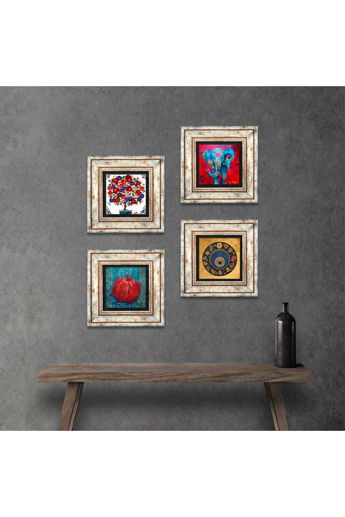 Elephant, Evil Eye, Pomegranate Tree, Pomegranate Stone Wall Painting Framed Wall Decor 4 Piece Painting Set Wall Art