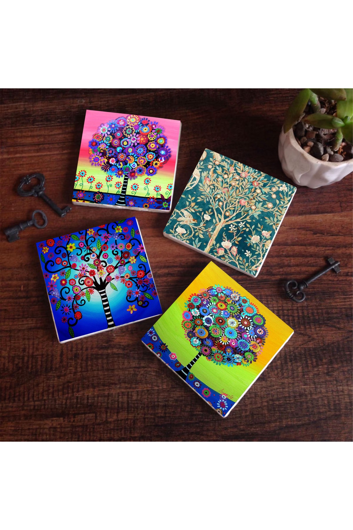 Tree of Life Stone Coasters Desktop Protective Coasters 4 Piece Set 10x10cm Stone Coasters