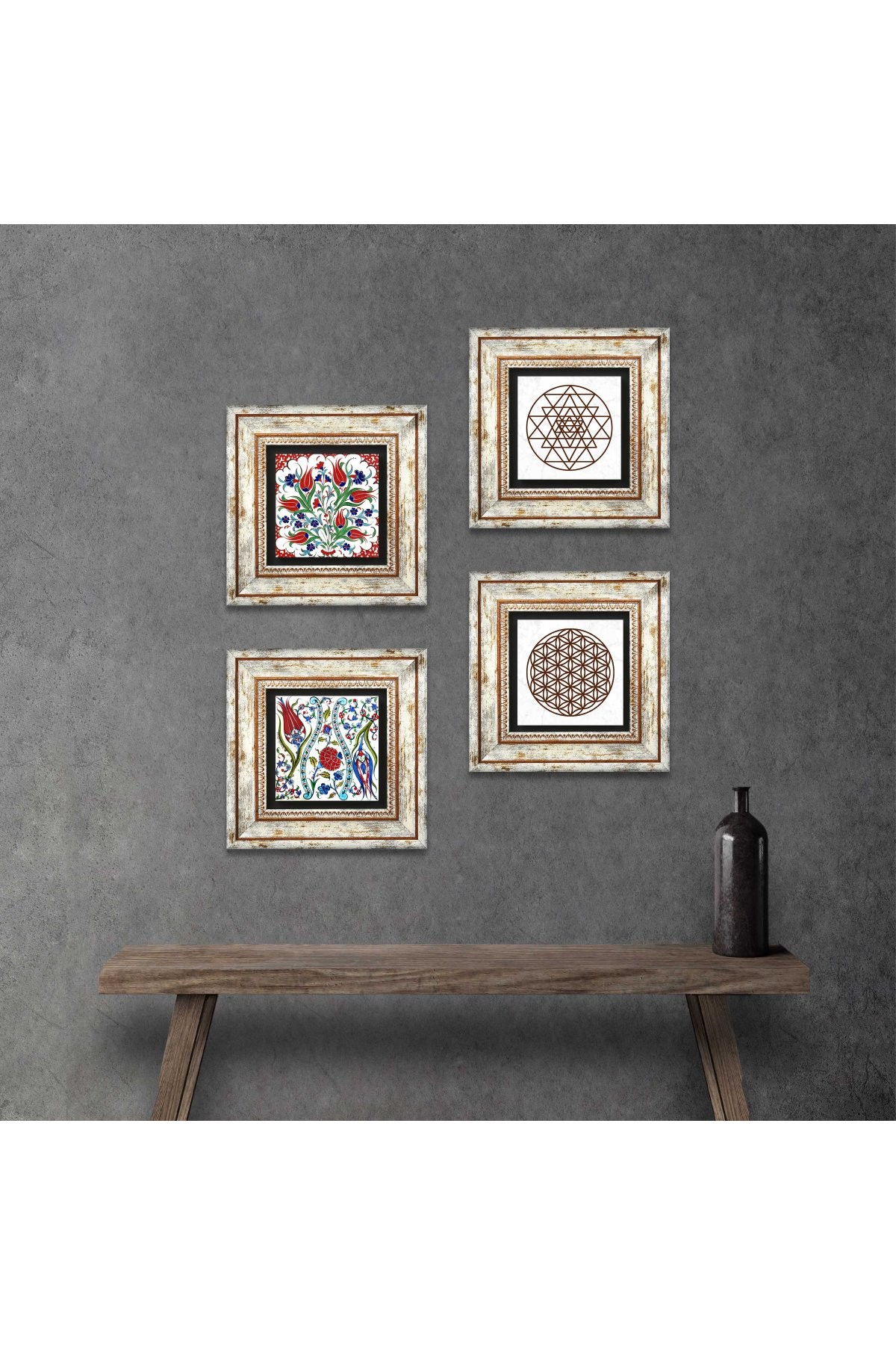 Lale, Yaşam Çiçeği, Sri Yantra Taş Duvar Tablosu Çerçeveli Duvar Dekoru 4 Parça Tablo Seti Wall Art