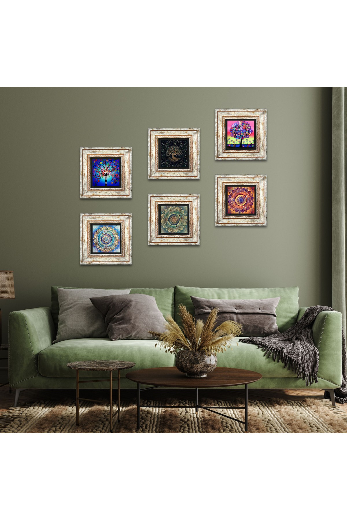 Mandala, Hayat Ağacı Taş Duvar Tablosu Çerçeveli Duvar Dekoru 6 Parça Tablo Seti Wall Art