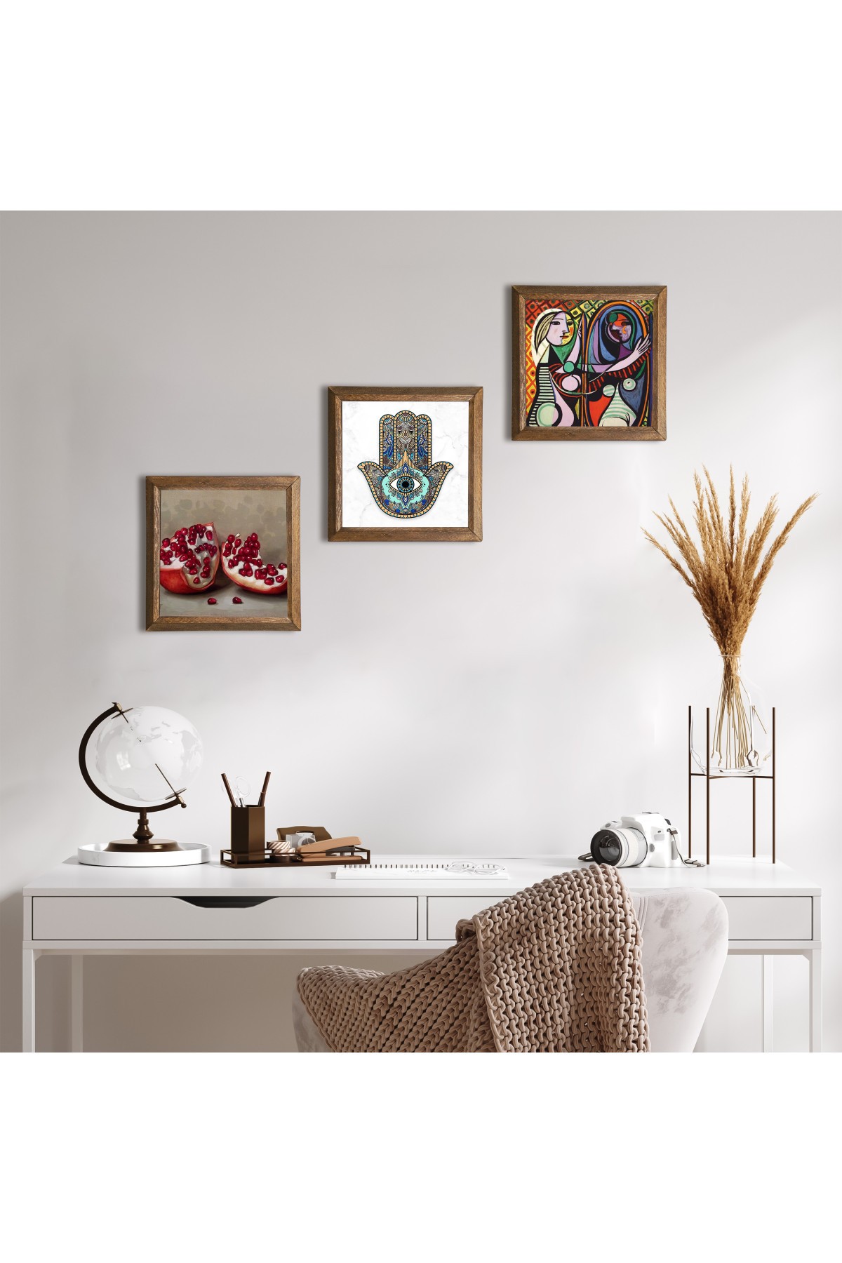 Picasso Girl in Front of a Mirror, Pomegranate, Fatima Mother's Hand (Hamsa) Stone Wall Painting Wooden Framed Wall Decoration 3 Piece Painting Set Wall Art