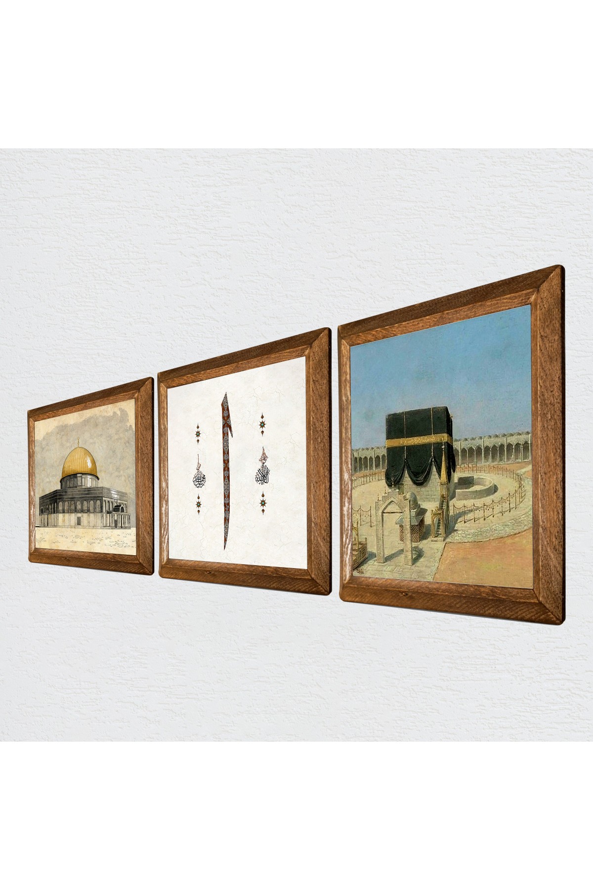 Kaaba-i Muazzama, Masjid al-Aqsa, Alif Stone Wall Painting Wooden Framed Wall Decor 3 Piece Painting Set Wall Art