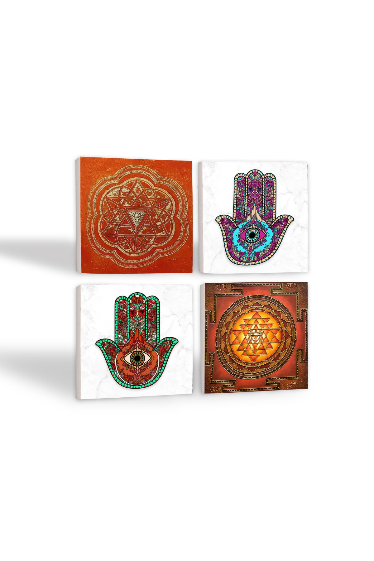 Sri Yantra, Mother of Fatima Hand (Hamsa) Stone Coasters Desktop Protective Coasters 4 Piece Set 10x10cm Stone Coasters