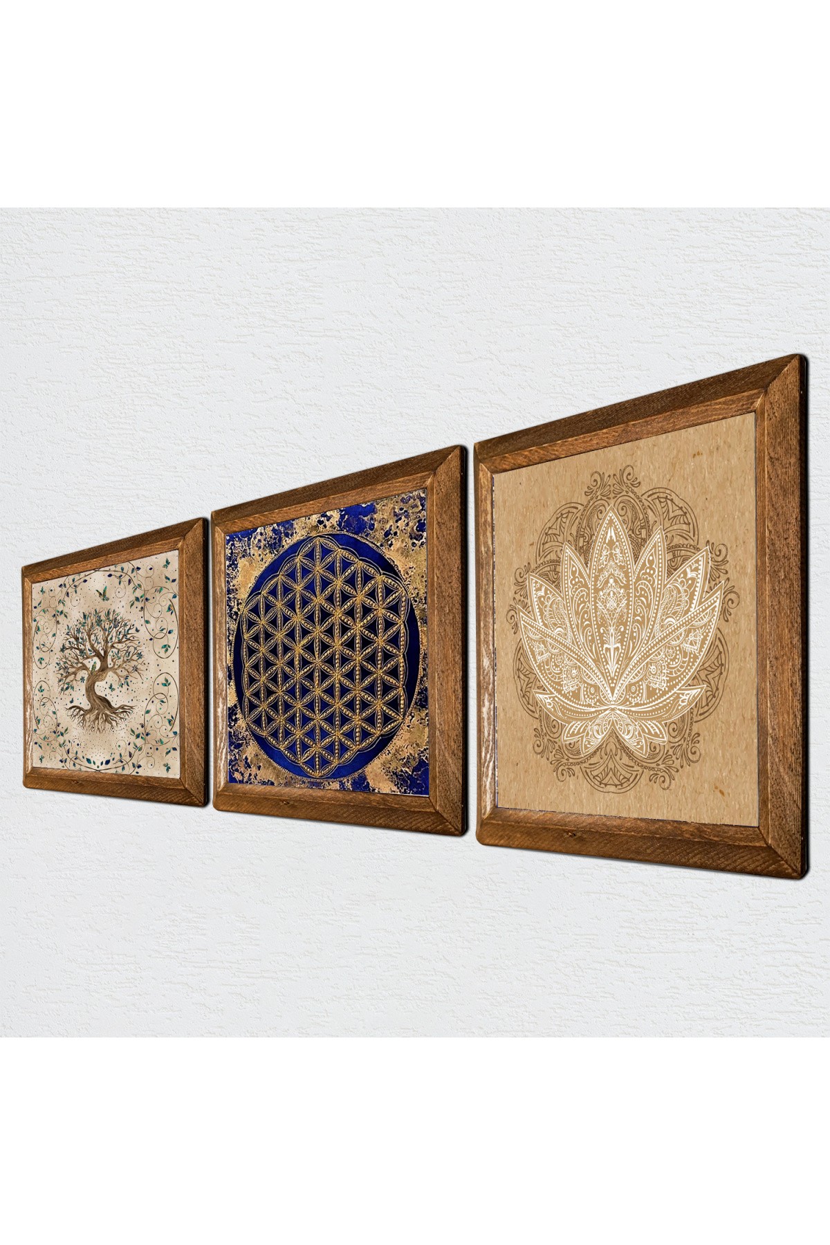 Lotus Çiçeği, Yaşam Çiçeği, Hayat Ağacı Taş Duvar Tablosu Ahşap Çerçeveli Duvar Dekoru 3 Parça Tablo Seti Wall Art