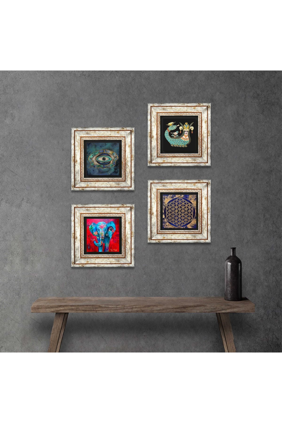 Elephant, Evil Eye, Flower of Life, Shahmaran Stone Wall Painting Framed Wall Decor 4 Piece Painting Set Wall Art