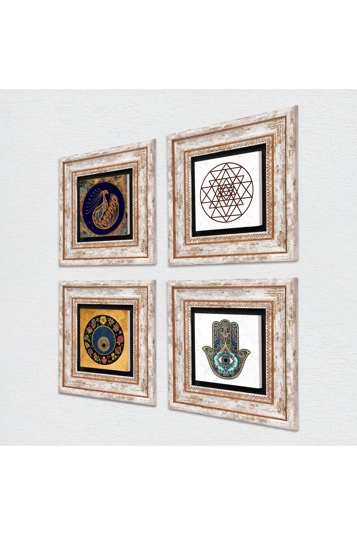 Peacock, Sri Yantra, Evil Eye, Fatima Hand (Hamsa) Stone Wall Painting Framed Wall Decor 4 Piece Painting Set Wall Art