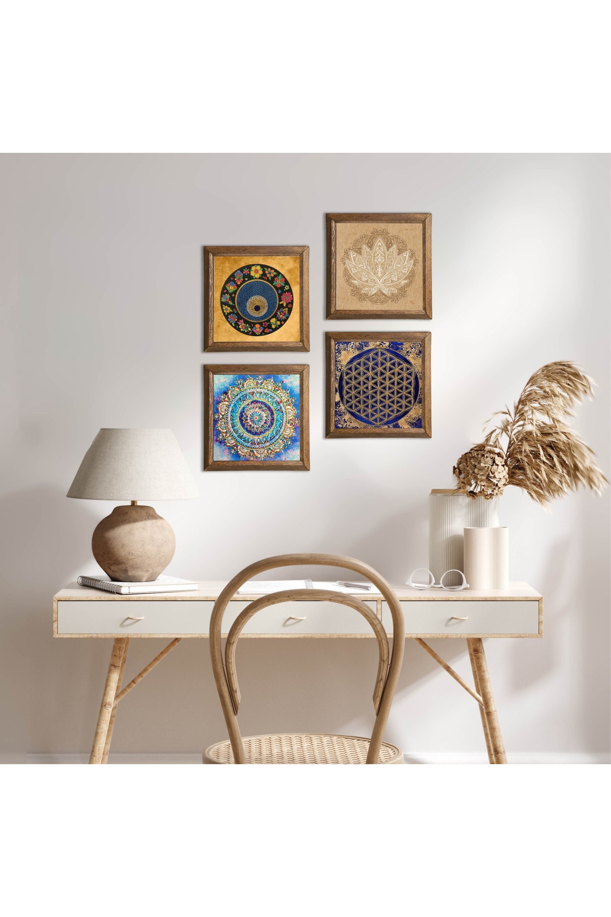 Mandala, Lotus Çiçeği, Yaşam Çiçeği, Nazar Taş Duvar Tablosu Ahşap Çerçeveli Duvar Dekoru 4 Parça Tablo Seti Wall Art