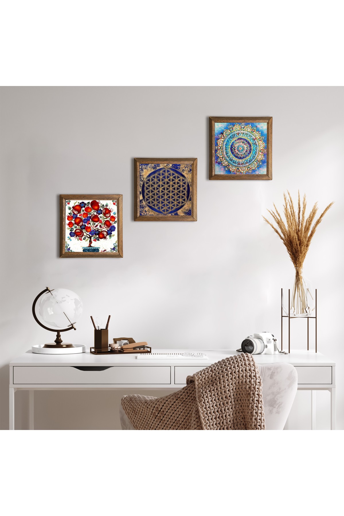 Mandala, Yaşam Çiçeği, Nar Ağacı Taş Duvar Tablosu Ahşap Çerçeveli Duvar Dekoru 3 Parça Tablo Seti Wall Art