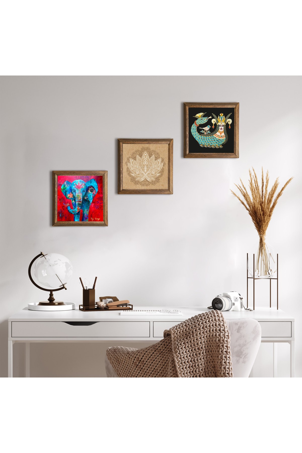 Fil, Lotus Çiçeği, Şahmeran Taş Duvar Tablosu Ahşap Çerçeveli Duvar Dekoru 3 Parça Tablo Seti Wall Art