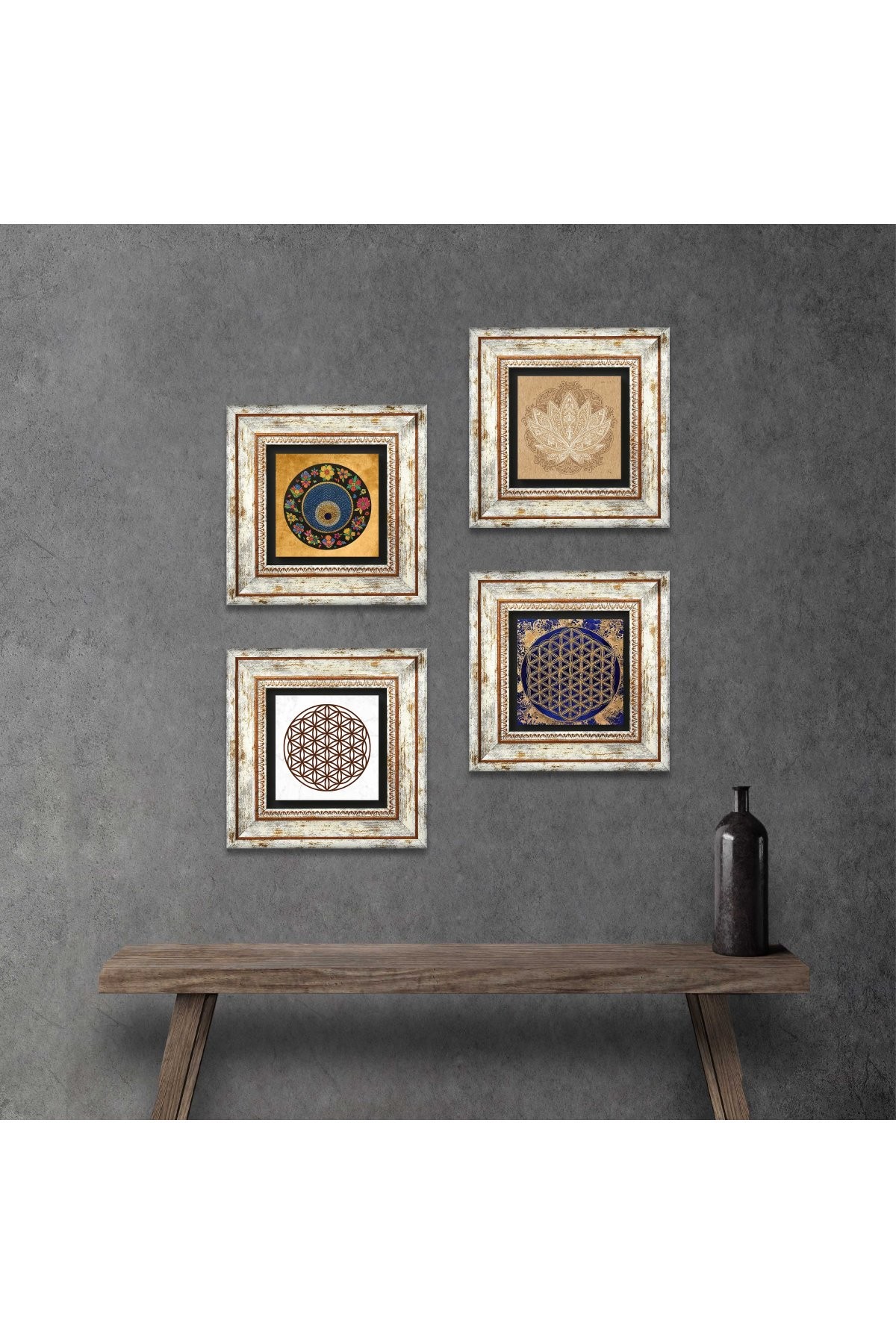 Lotus Çiçeği, Yaşam Çiçeği, Nazar Taş Duvar Tablosu Çerçeveli Duvar Dekoru 4 Parça Tablo Seti Wall Art