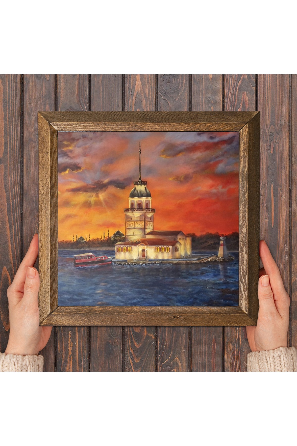 Istanbul Maiden's Tower Stone Wall Painting Wooden Framed Wall Decoration Wall Art 25x25cm