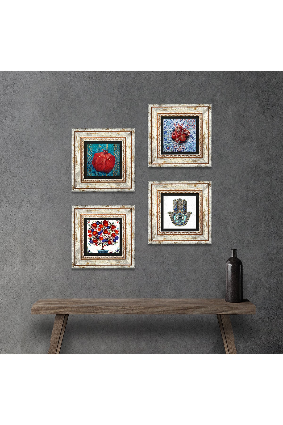 Pomegranate Tree, Pomegranate, Hand of Mother Fatima (Hamsa) Stone Wall Painting Framed Wall Decor 4 Piece Painting Set Wall Art