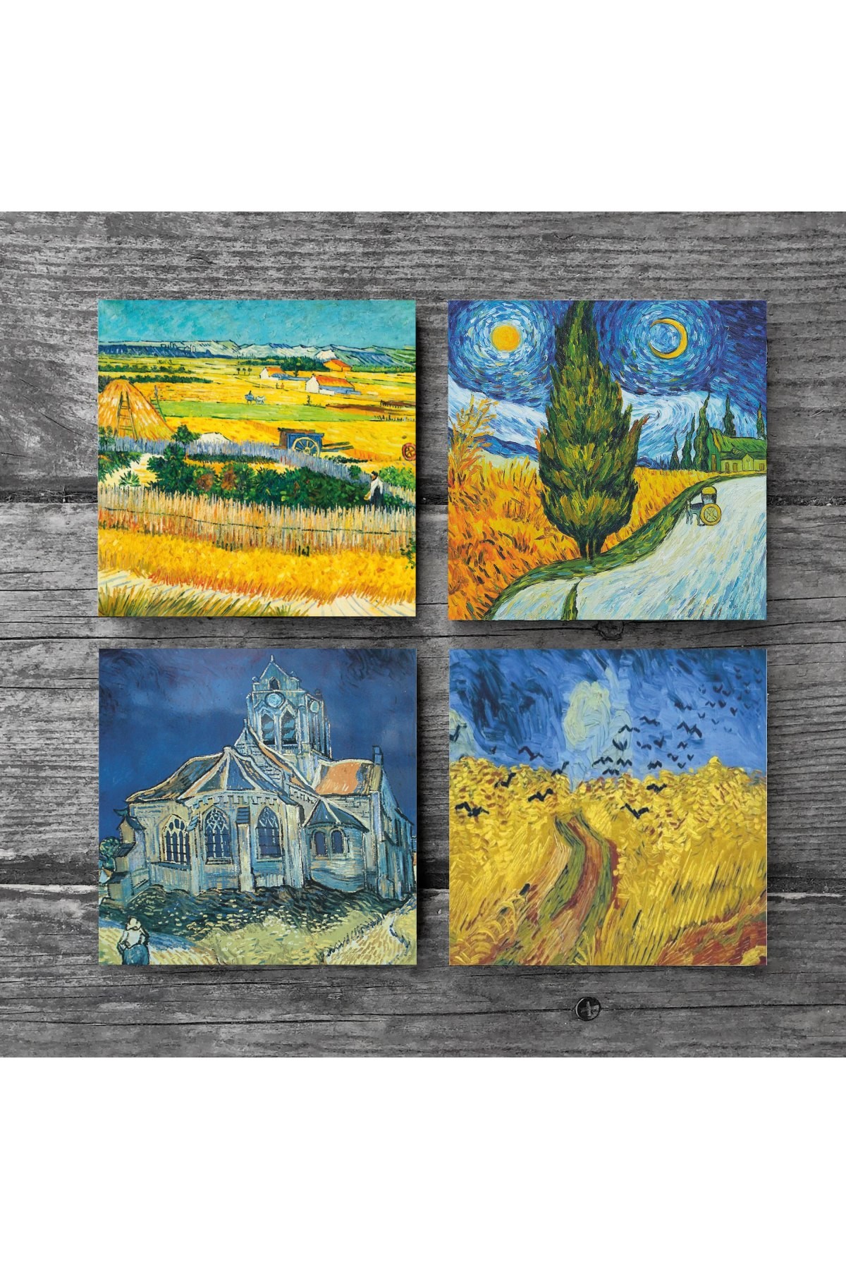 Van Gogh Hasat Manzarası, Yıldızlı Yol, Buğday Tarlası ve Kargalar, Kilise Taş Bardak Altlığı Masaüstü Koruyucu Altlık 4 Parça Set 10x10cm Stone Coasters