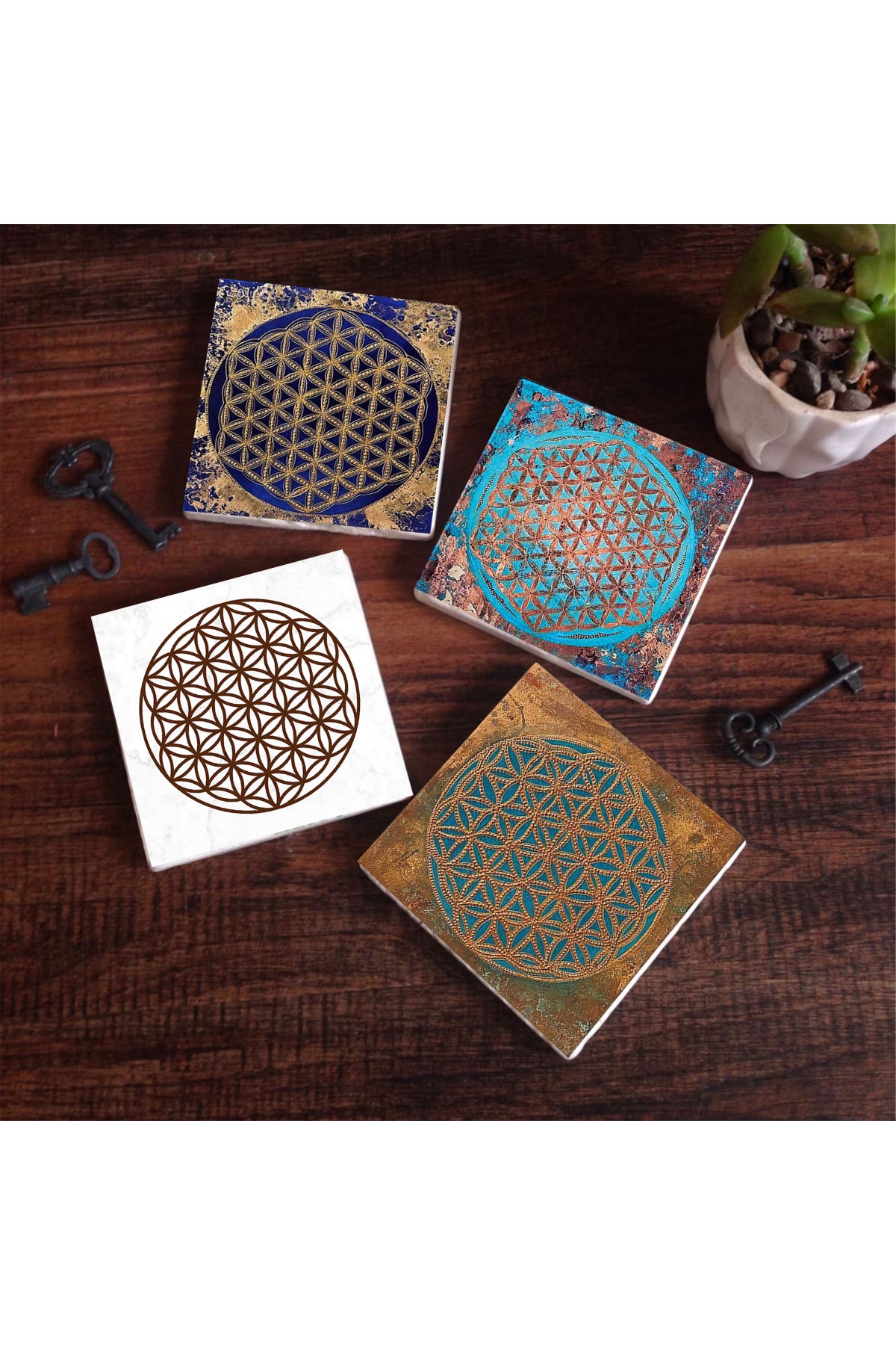 Flower of Life Stone Coasters Desktop Protective Coasters 4 Piece Set 10x10cm Stone Coasters