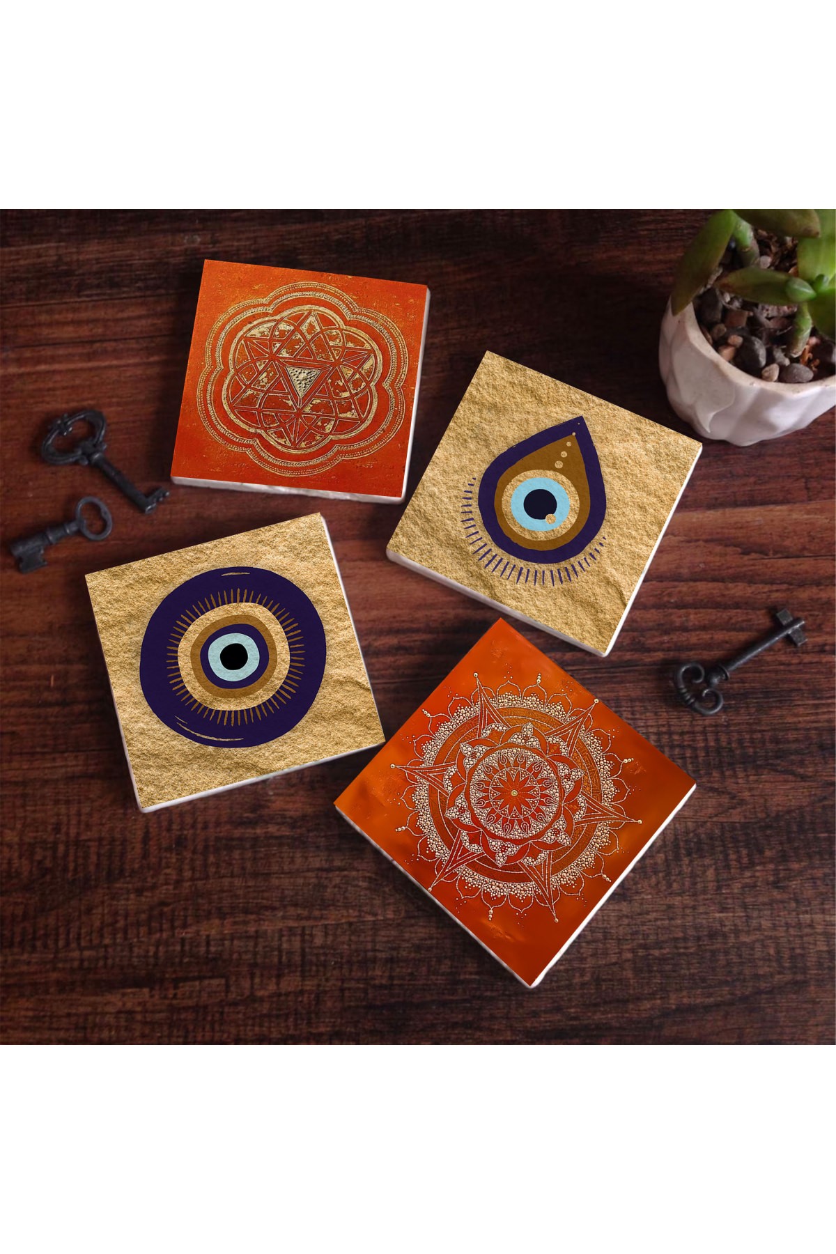 Nazar, Sri Yantra, Mandala Taş Bardak Altlığı Masaüstü Koruyucu Altlık 4 Parça Set 10x10cm Stone Coasters