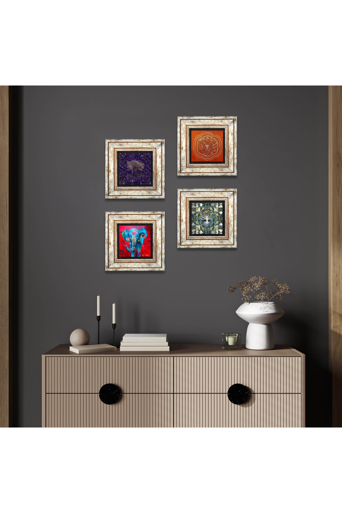 Hayat Ağacı, Fil, Sri Yantra Taş Duvar Tablosu Çerçeveli Duvar Dekoru 4 Parça Tablo Seti Wall Art