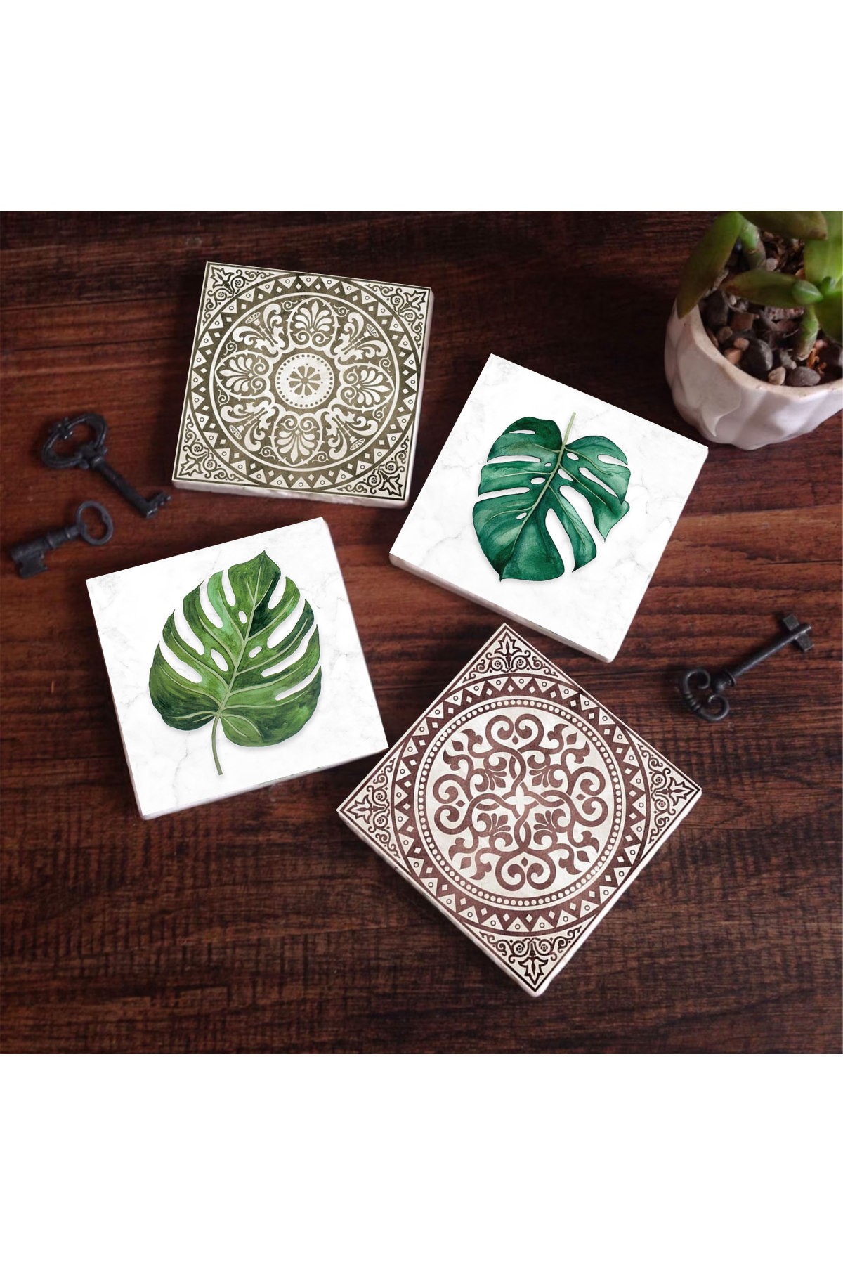 Etnik Desen, Yaprak Taş Bardak Altlığı Masaüstü Koruyucu Altlık 4 Parça Set 10x10cm Stone Coasters