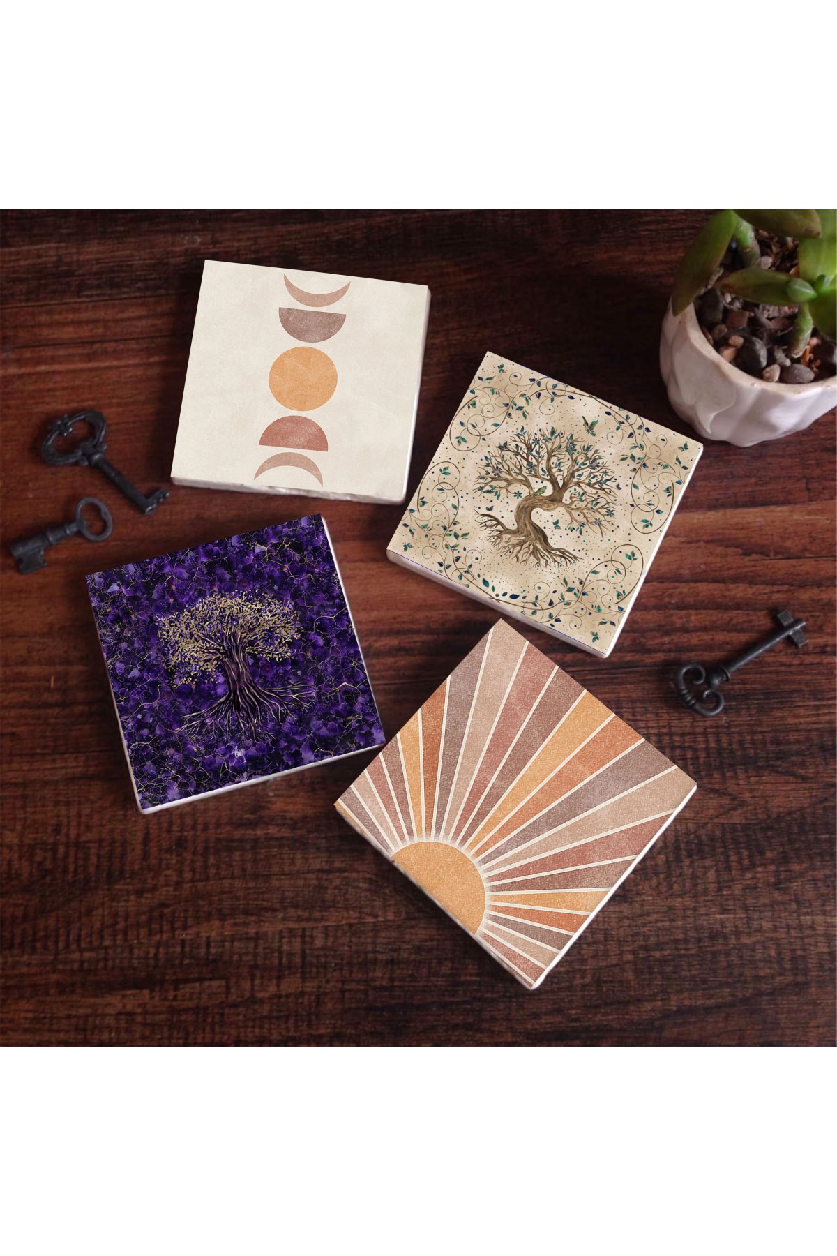 Minimalist Abstract, Tree of Life Stone Coasters Desktop Protective Coasters 4 Piece Set 10x10cm Stone Coasters