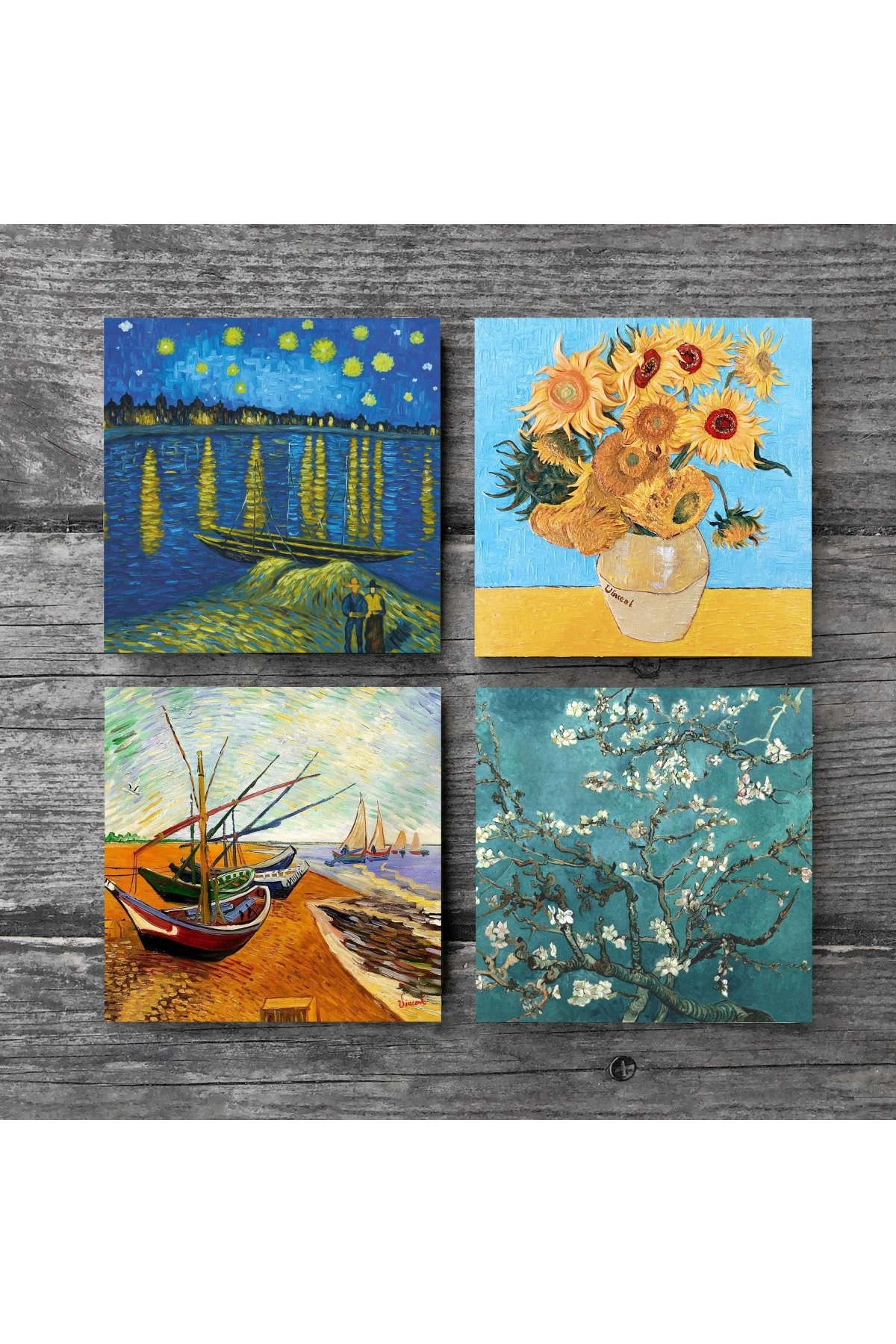 Van Gogh Ren Nehri, Balıkçı Tekneleri, On İki Ayçiçekli Vazo, Badem Ağacı Taş Bardak Altlığı Masaüstü Koruyucu Altlık 4 Parça Set 10x10cm Stone Coasters