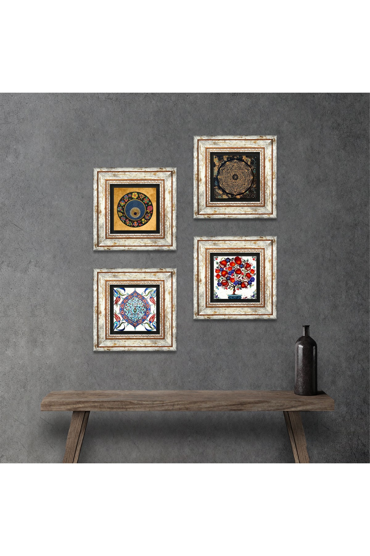 Sri Yantra, Nazar, Çini Sanatı, Nar Ağacı Taş Duvar Tablosu Çerçeveli Duvar Dekoru 4 Parça Tablo Seti Wall Art