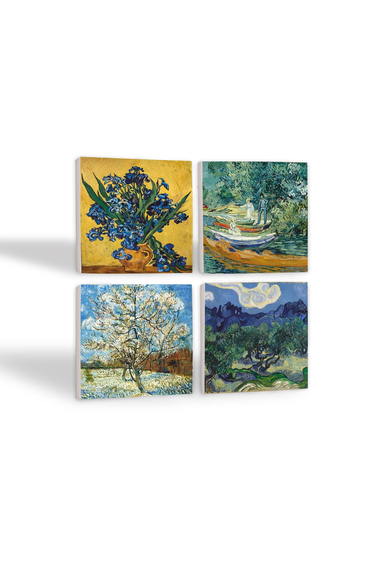 Van Gogh Zeytin Ağaçları, Şeftali Ağacı, Süsenler, Oise Bankası Taş Bardak Altlığı Masaüstü Koruyucu Altlık 4 Parça Set 10x10cm Stone Coasters