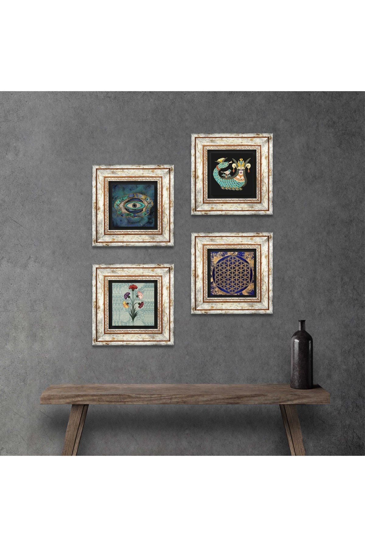 Marbling Art, Evil Eye, Flower of Life, Shahmaran Stone Wall Painting Framed Wall Decoration 4 Piece Painting Set Wall Art