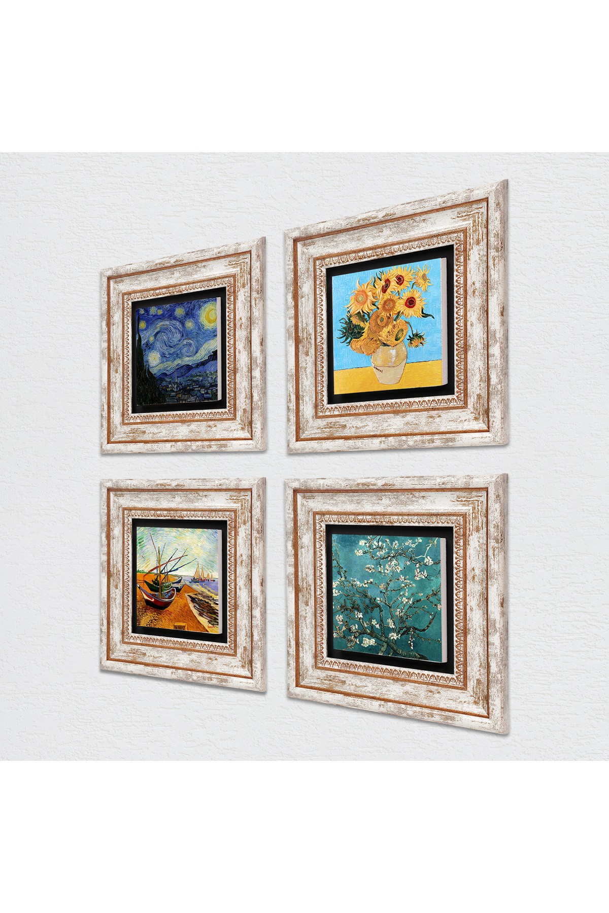 Van Gogh Taş Duvar Tablosu Çerçeveli Duvar Dekoru 4 Parça Tablo Seti Wall Art