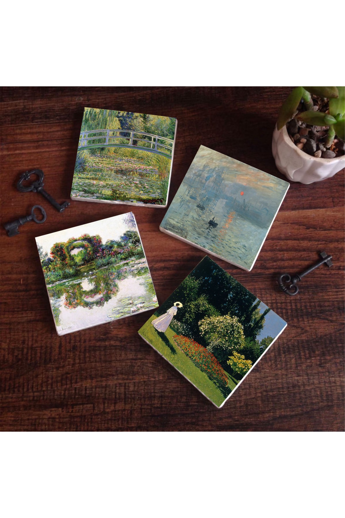 Claude Monet Gül Çiçekli Kemer, Bahçedeki Kadın, İzlenim Gün Doğumu, Nilüfer Gölü Taş Bardak Altlığı Masaüstü Koruyucu Altlık 4 Parça Set 10x10cm Stone Coasters