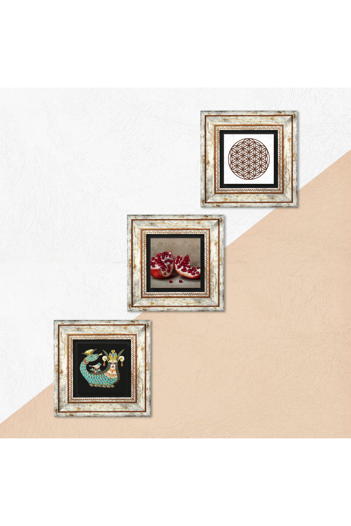 Flower of Life, Shahmaran, Pomegranate Stone Wall Painting Framed Wall Decor 3 Piece Painting Set Wall Art