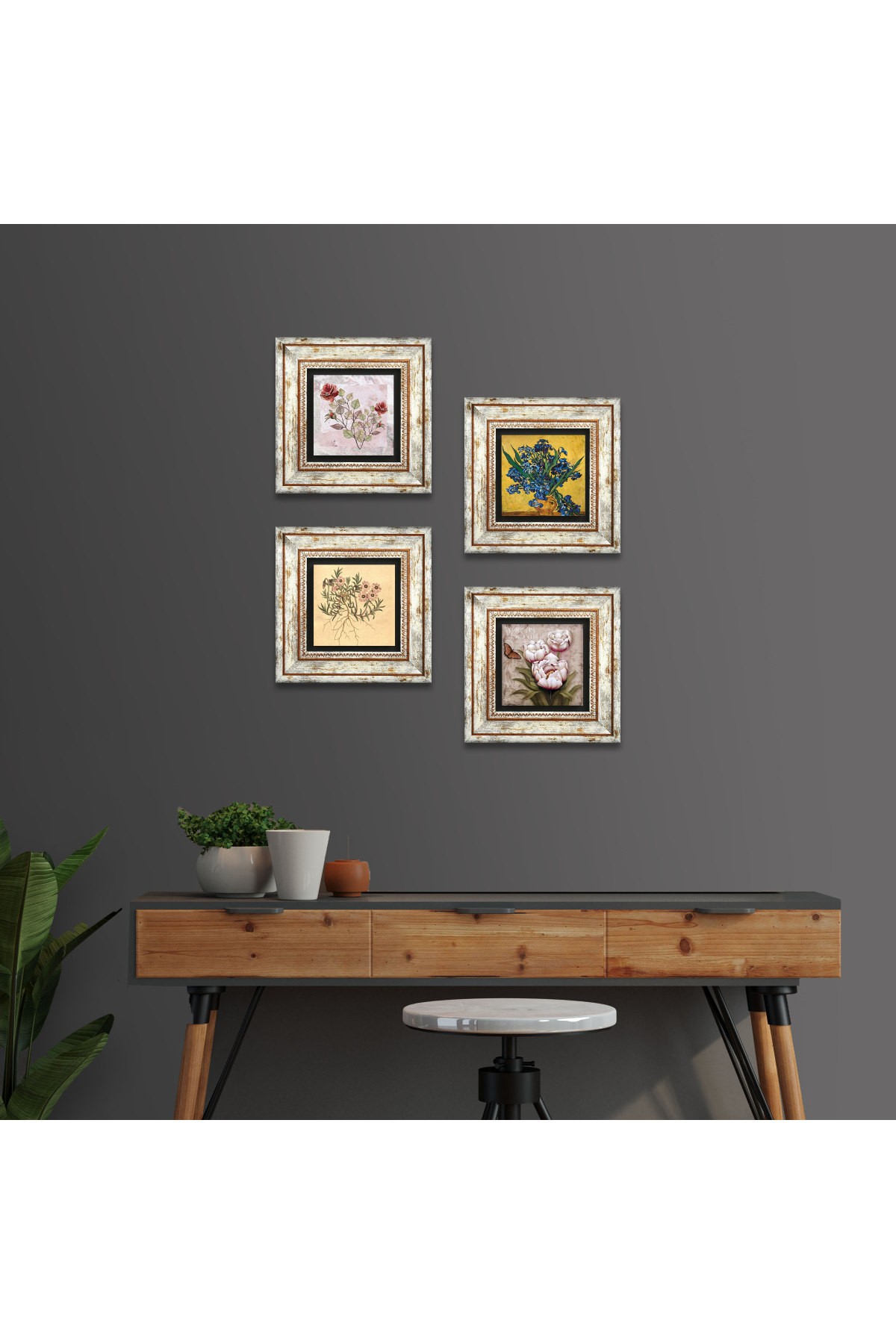 Van Gogh Süsenler, Vintage Çiçek, Kelebekli Çiçek, Gül Taş Duvar Tablosu Çerçeveli Duvar Dekoru 4 Parça Tablo Seti Wall Art