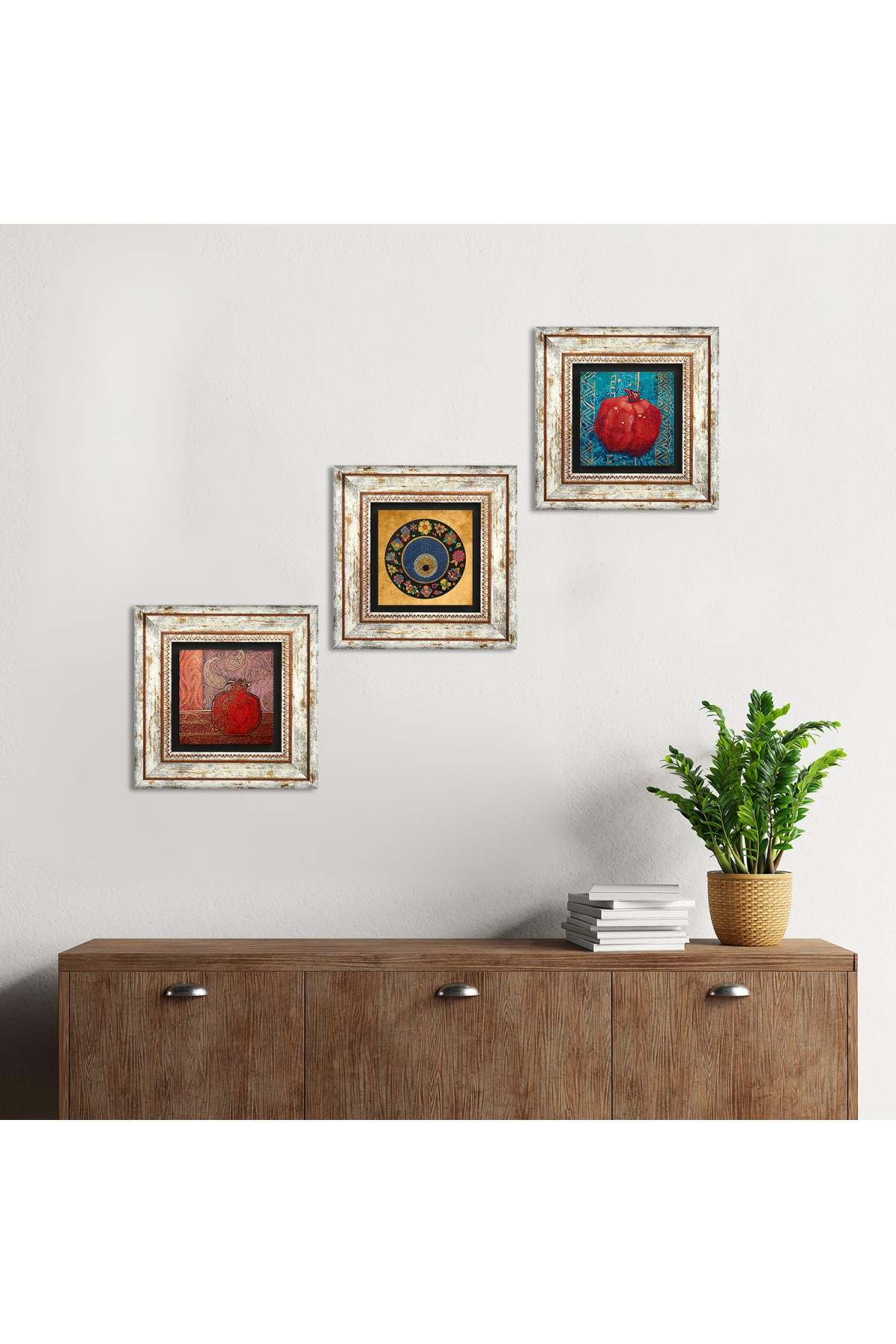 Nazar Boncuğu, Nar Taş Duvar Tablosu Çerçeveli Duvar Dekoru 3 Parça Tablo Seti Wall Art