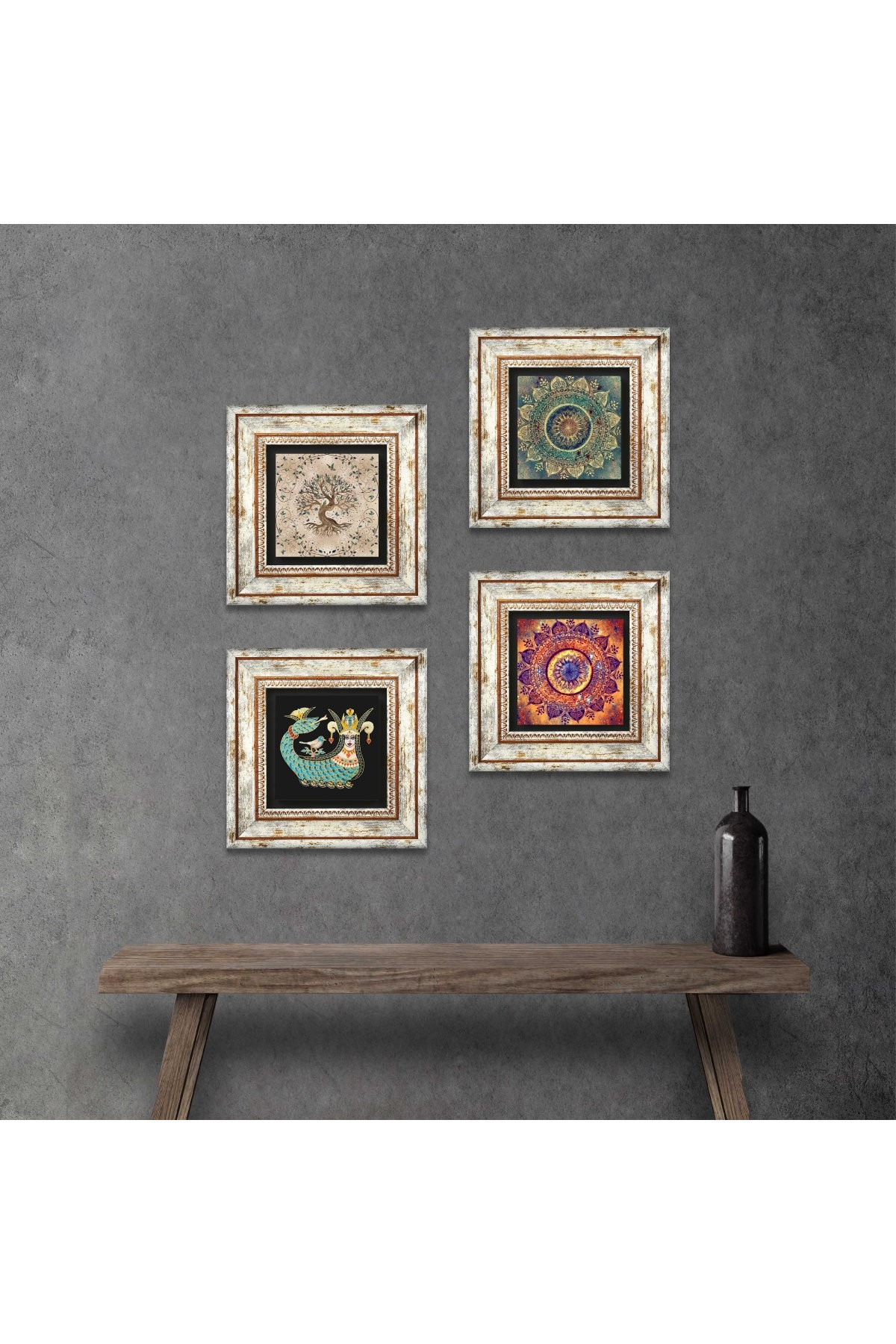 Mandala, Şahmeran, Hayat Ağacı Taş Duvar Tablosu Çerçeveli Duvar Dekoru 4 Parça Tablo Seti Wall Art