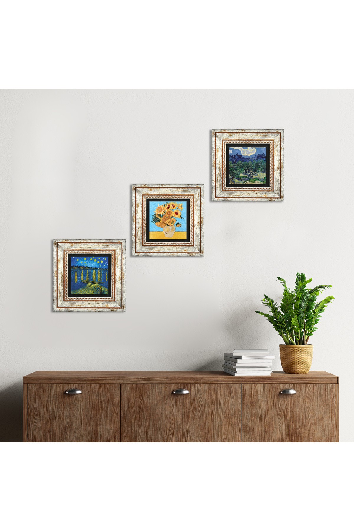 Van Gogh Taş Duvar Tablosu Çerçeveli Duvar Dekoru 3 Parça Tablo Seti Wall Art