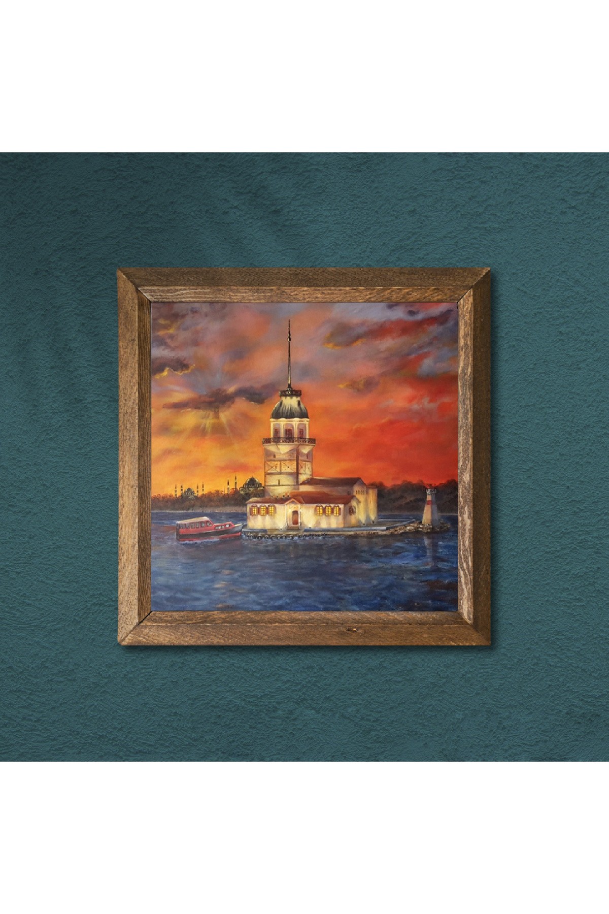 Istanbul Maiden's Tower Stone Wall Painting Wooden Framed Wall Decoration Wall Art 25x25cm