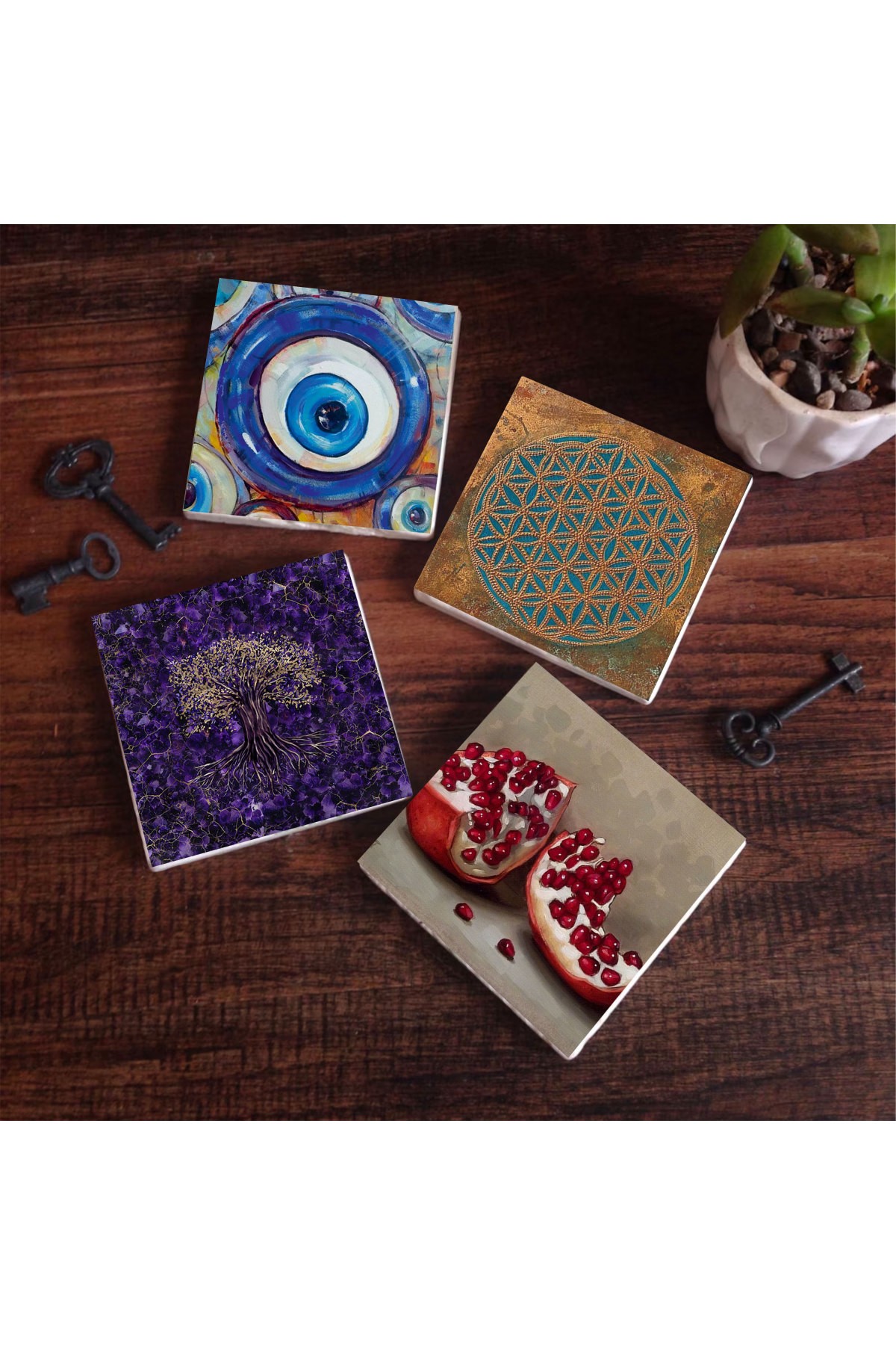 Evil Eye, Flower of Life, Tree of Life, Pomegranate Stone Coasters Desktop Protective Coasters 4 Piece Set 10x10cm Stone Coasters