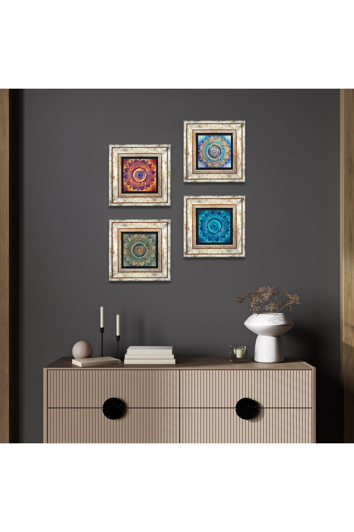 Mandala Taş Duvar Tablosu Çerçeveli Duvar Dekoru 4 Parça Tablo Seti Wall Art