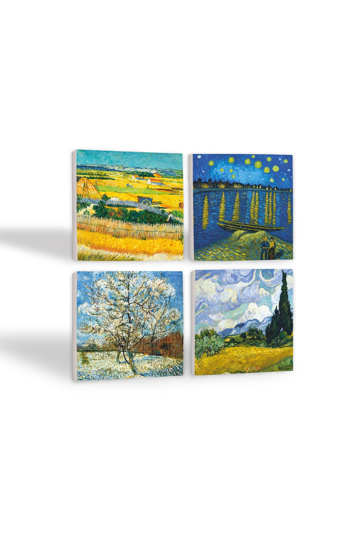 Van Gogh Buğday Tarlası, Şeftali Ağacı, Hasat Manzarası, Ren Nehri’nde Bir Gece Taş Bardak Altlığı Masaüstü Koruyucu Altlık 4 Parça Set 10x10cm Stone Coasters