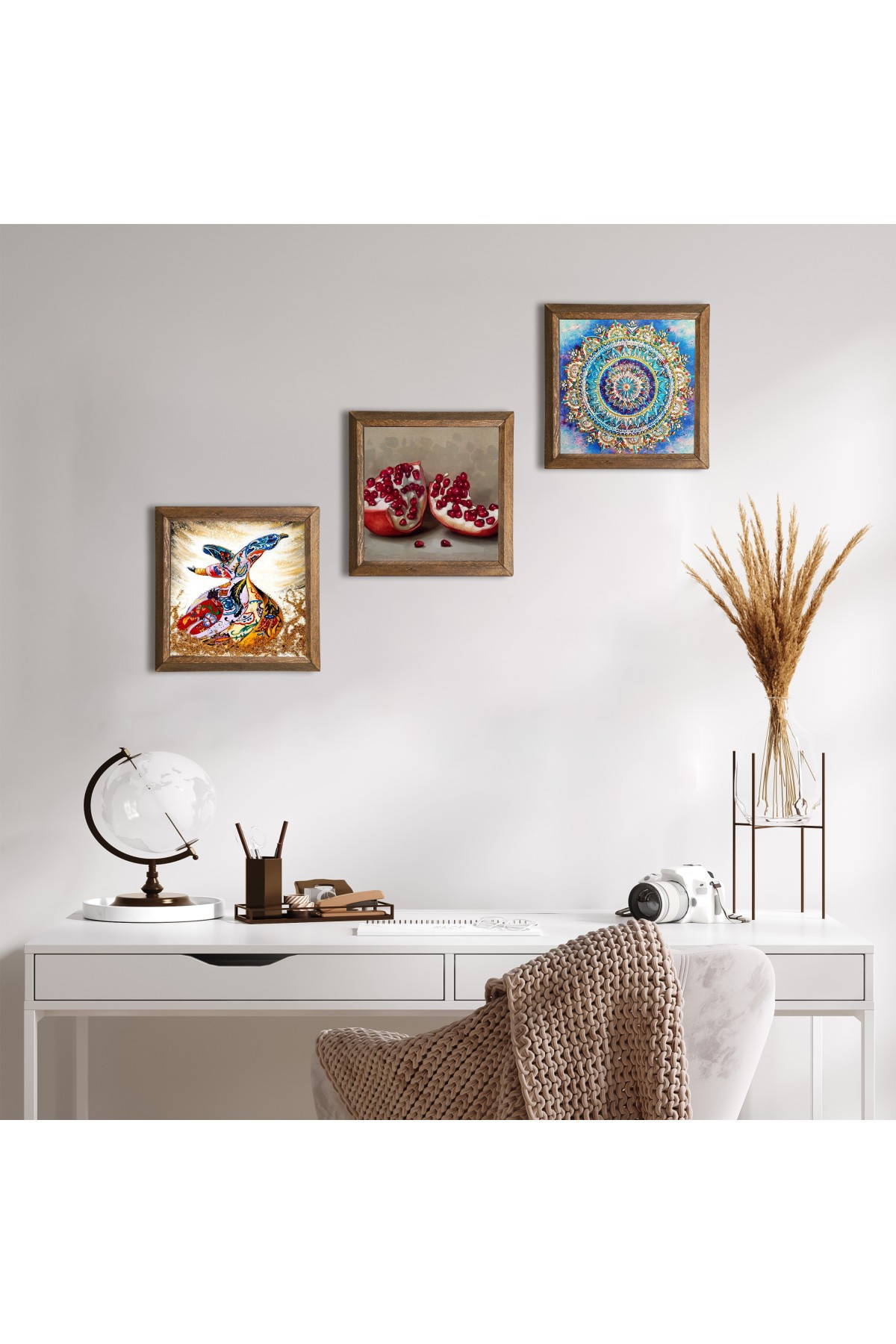 Mandala, Semazen, Nar Taş Duvar Tablosu Ahşap Çerçeveli Duvar Dekoru 3 Parça Tablo Seti Wall Art