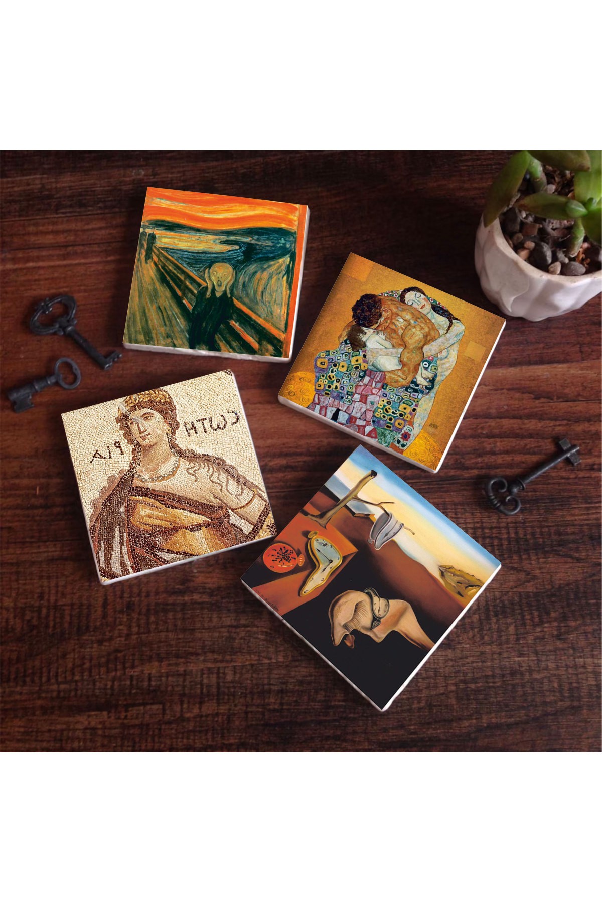 Salvador Dalí The Persistence of Memory, The Scream, Soteria Mosaic, Gustav Klimt Family Embrace Stone Coasters Desktop Protective Coaster 4 Piece Set 10x10cm Stone Coasters