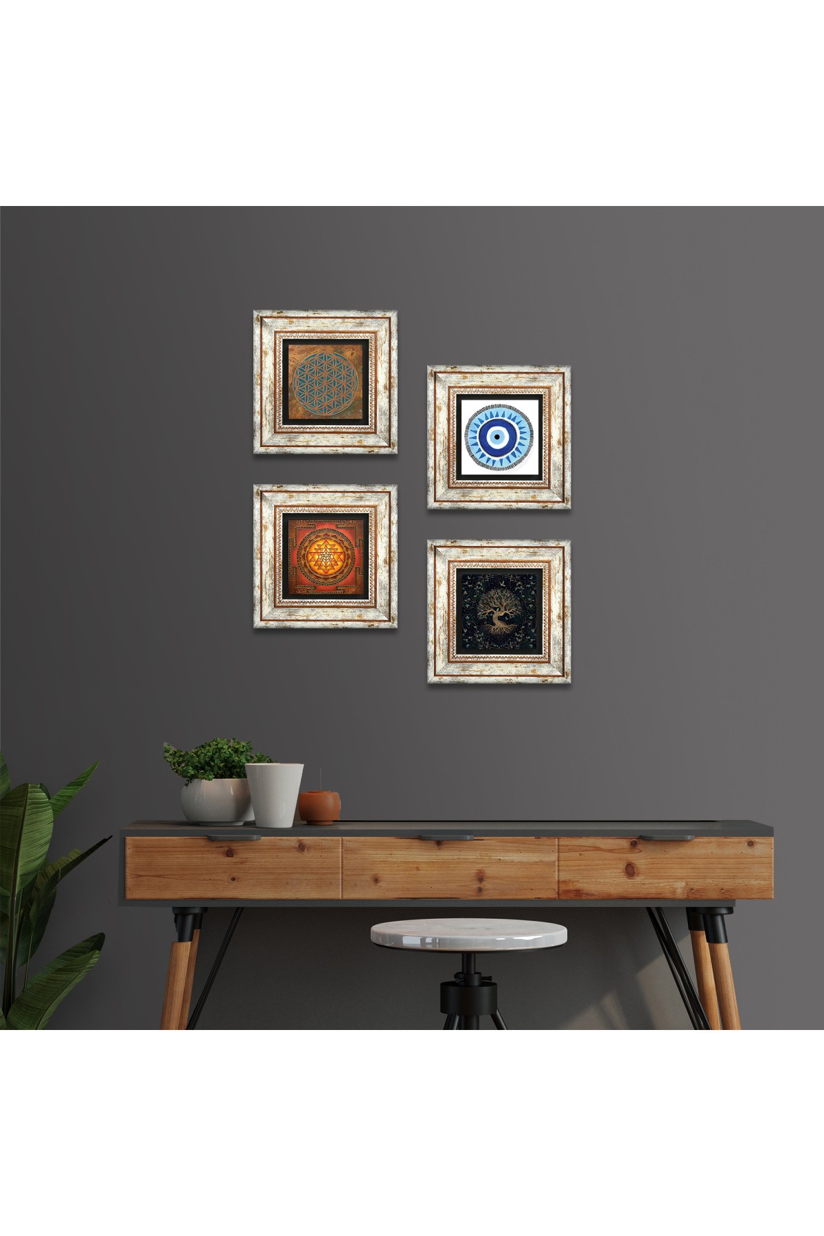 Yaşam Çiçeği, Nazar, Sri Yantra, Hayat Ağacı Taş Duvar Tablosu Çerçeveli Duvar Dekoru 4 Parça Tablo Seti Wall Art