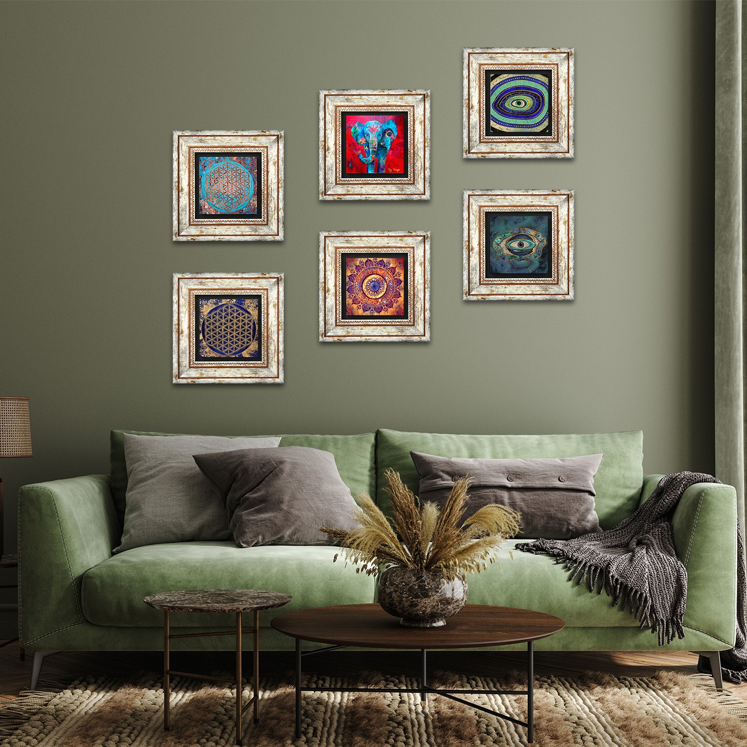 Mandala, Fil, Nazar, Yaşam Çiçeği Taş Duvar Tablosu Çerçeveli Duvar Dekoru 6 Parça Tablo Seti Wall Art